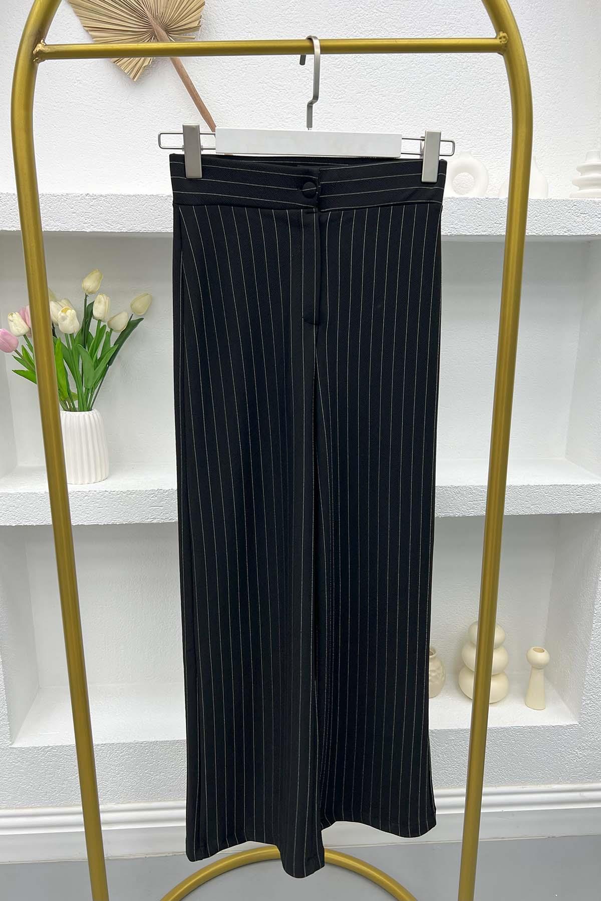 Çizgili Bol Paça Pantolon Siyah