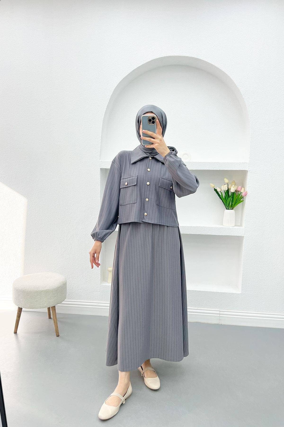 Çizgili Crop Etek Takım Gri