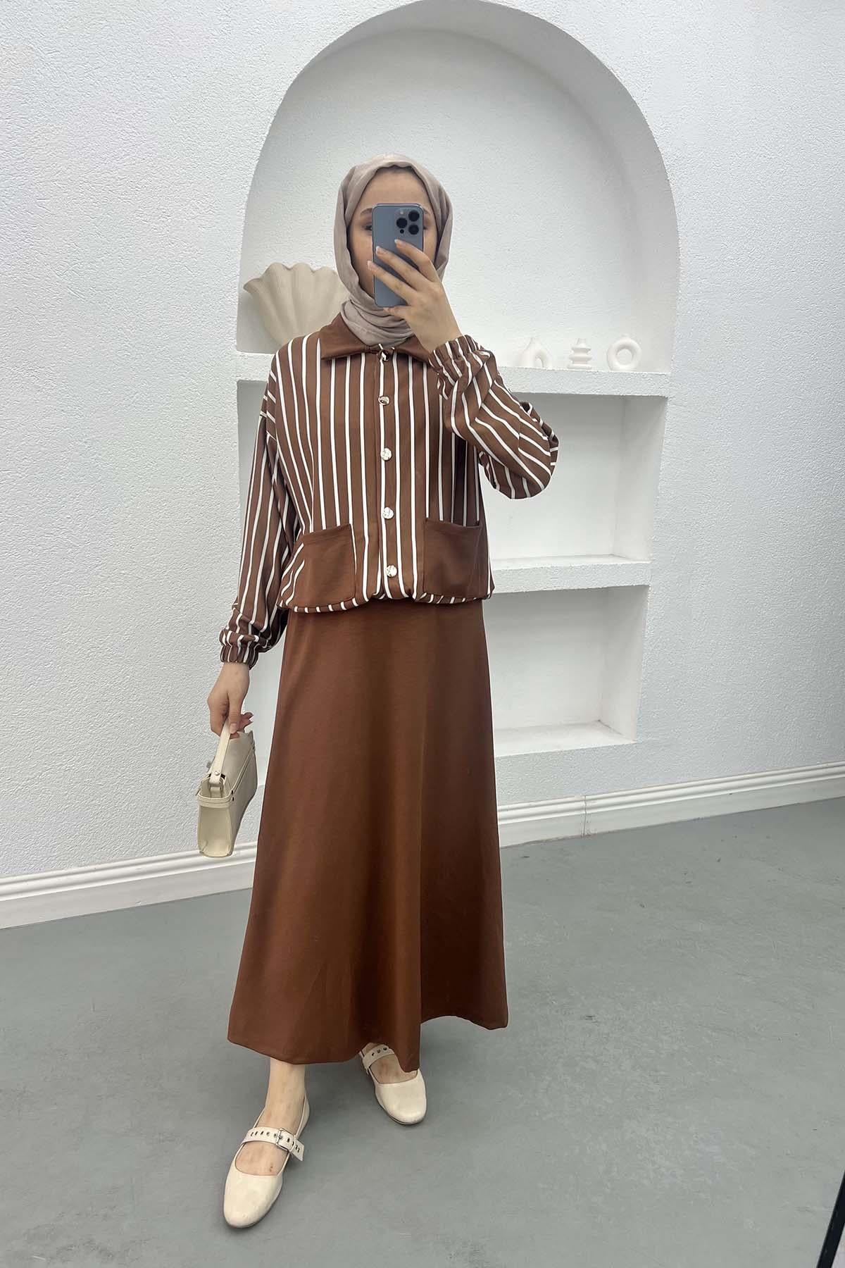 Çizgili Crop Etek Takım Kahve