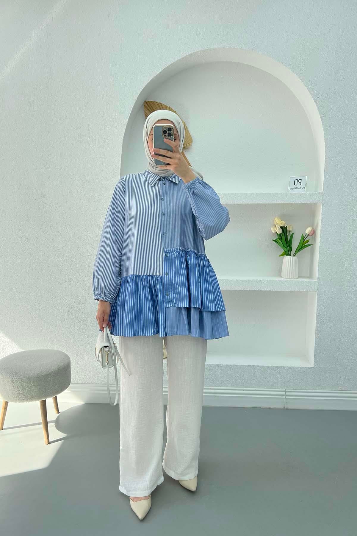 Çizgili Fırfırlı Tunik Mavi