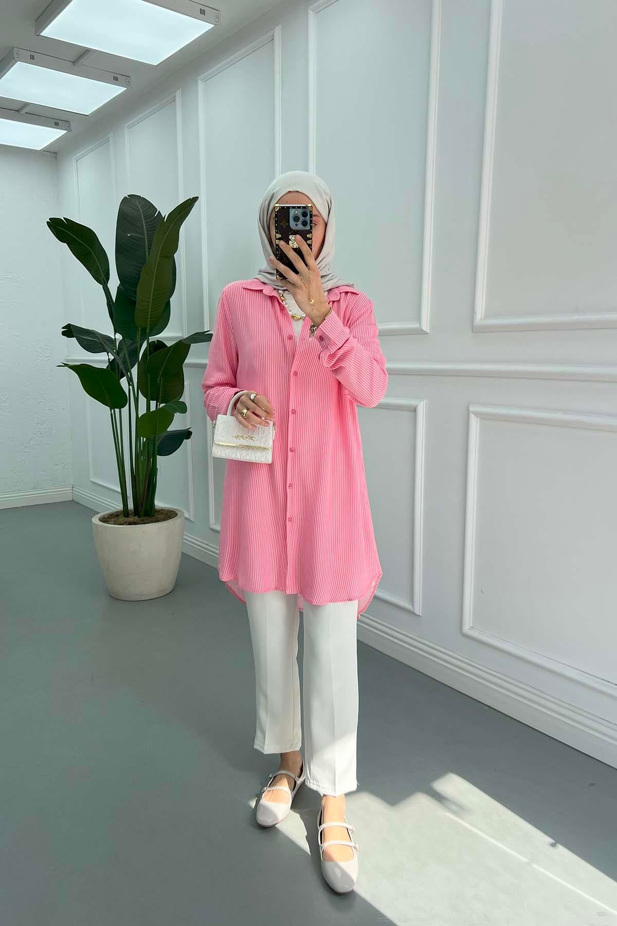 Çizgili Gömlek Tunik Pembe