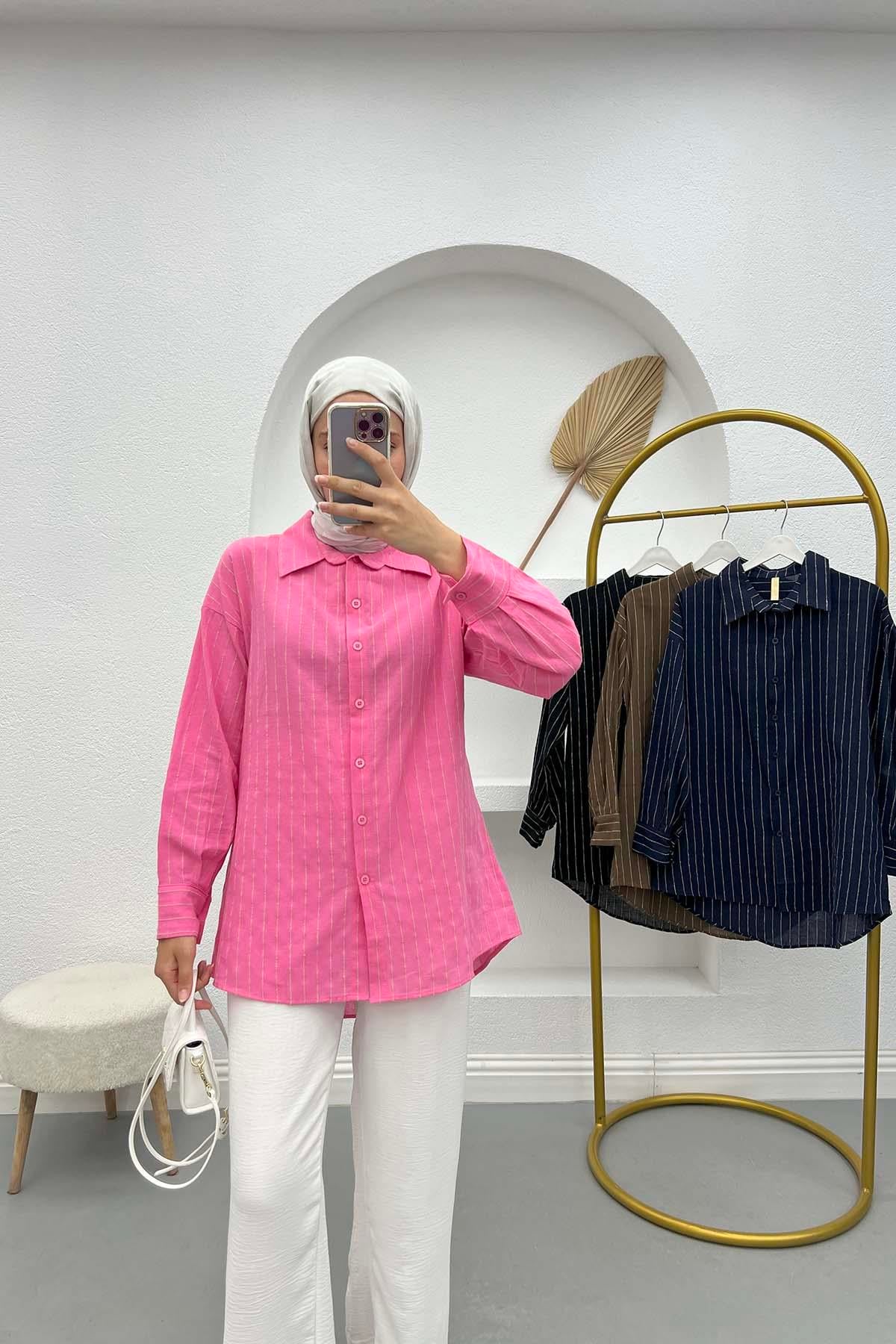 Çizgili Keten Gömlek Pembe
