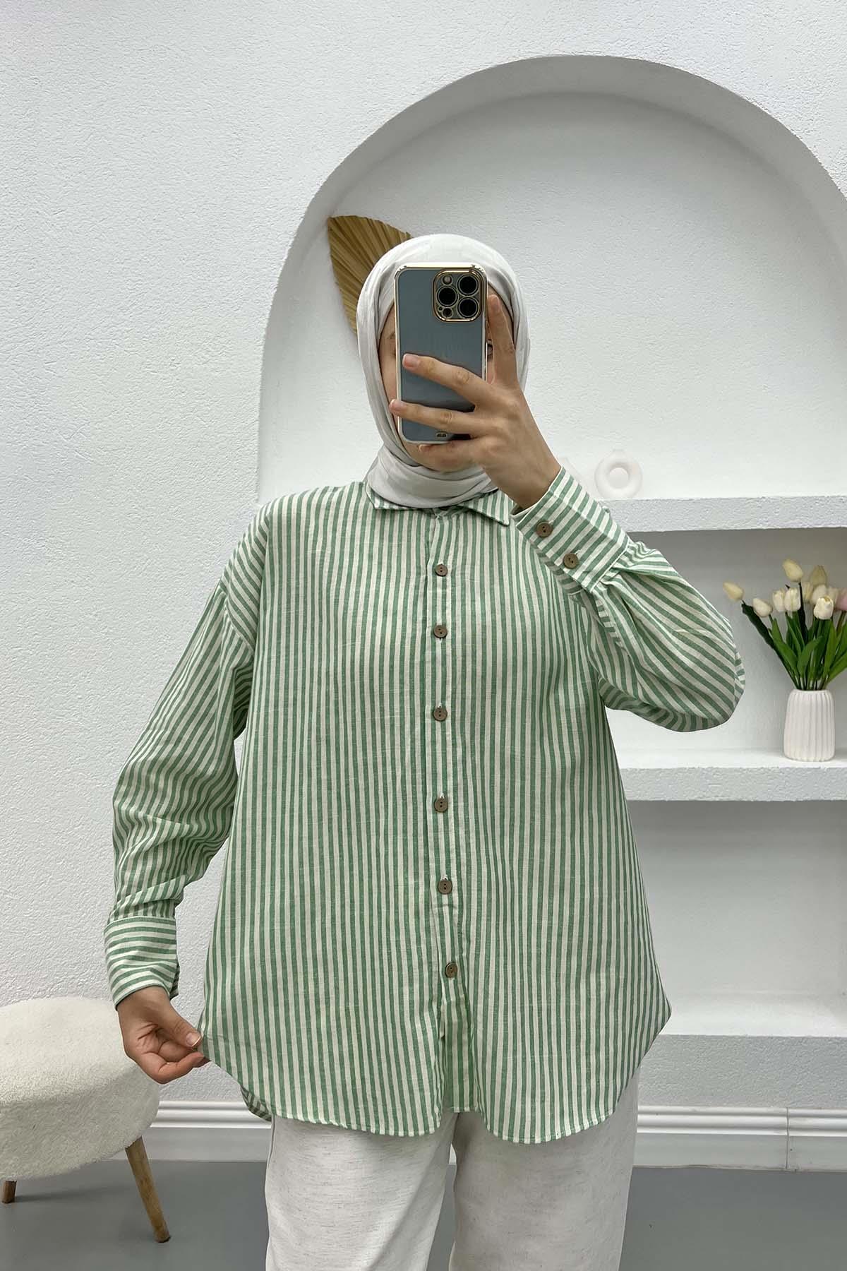 Çizgili Keten Gömlek Yeşil