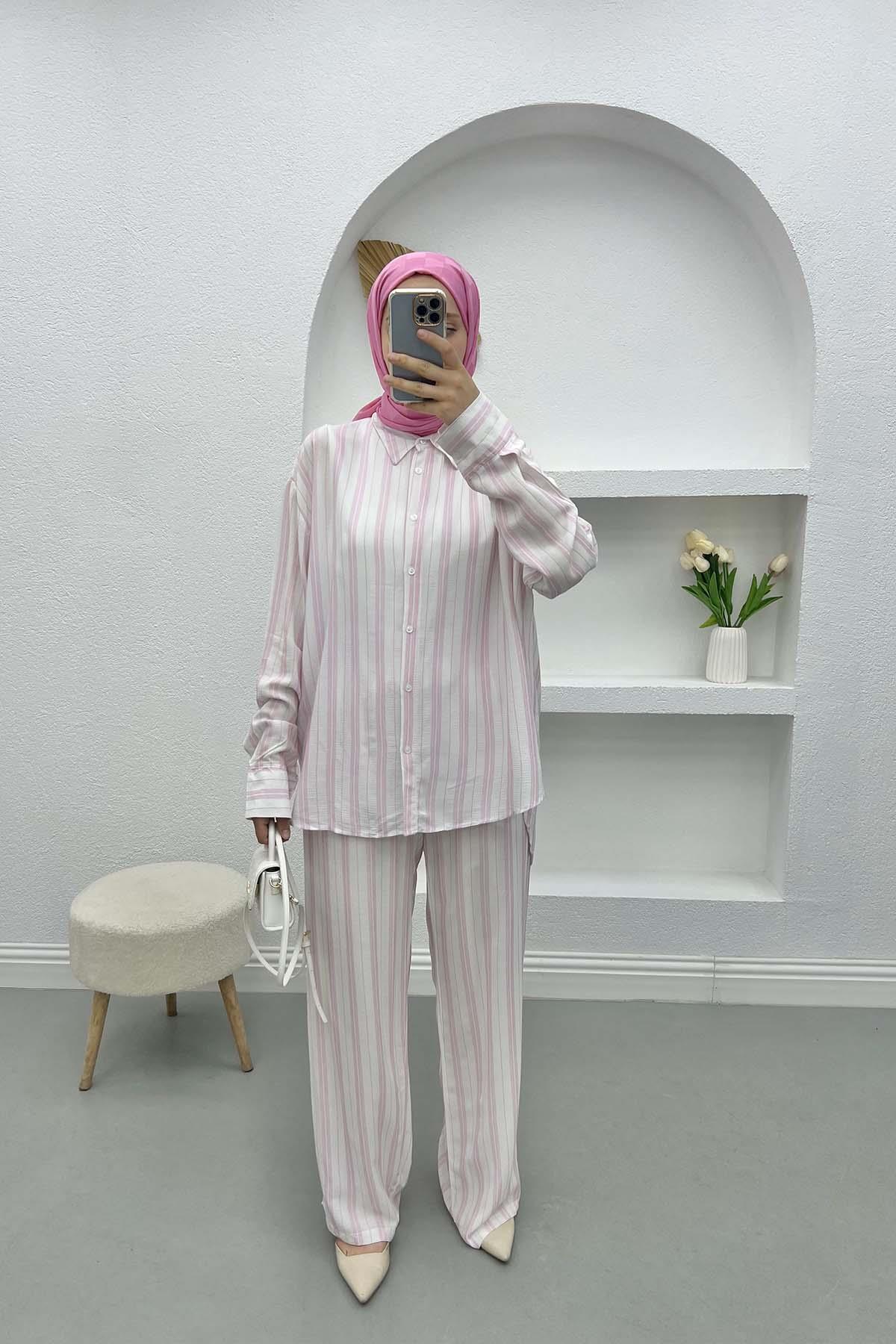 Çizgili Keten Takım Pembe