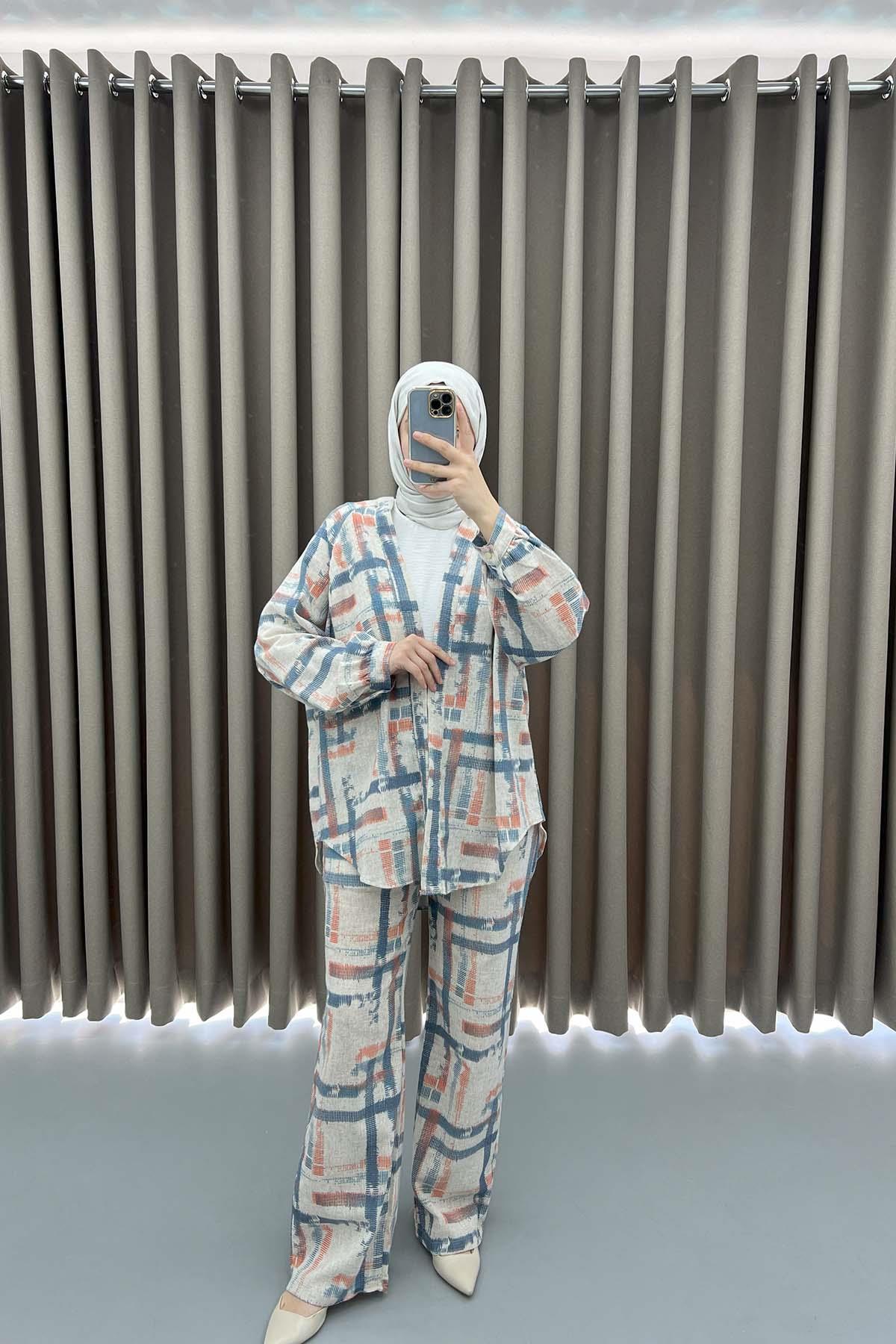 Çizgili Kimono Takım Mavi