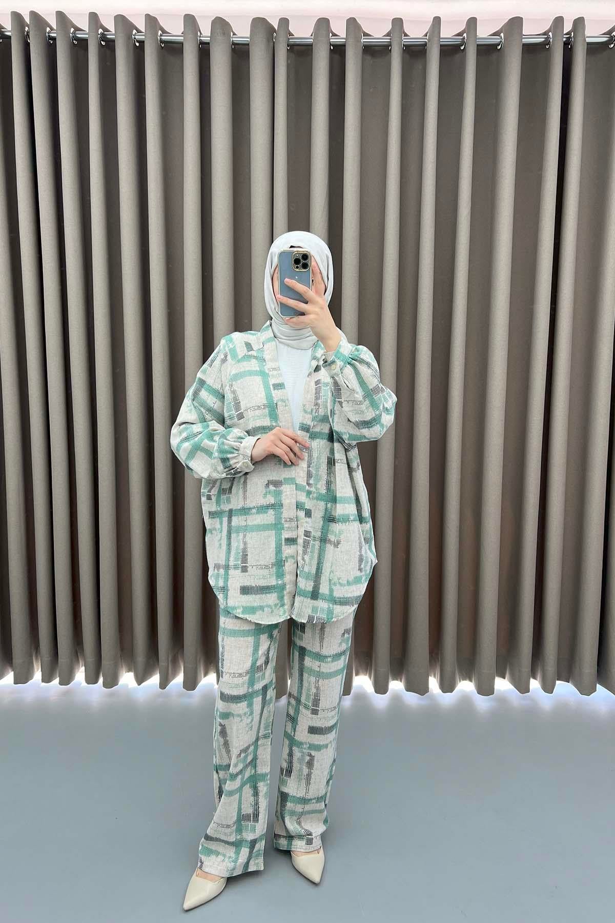 Çizgili Kimono Takım Yeşil