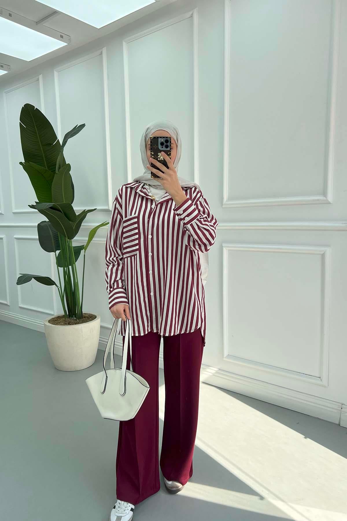 Çizgili Oversize Gömlek Bordo