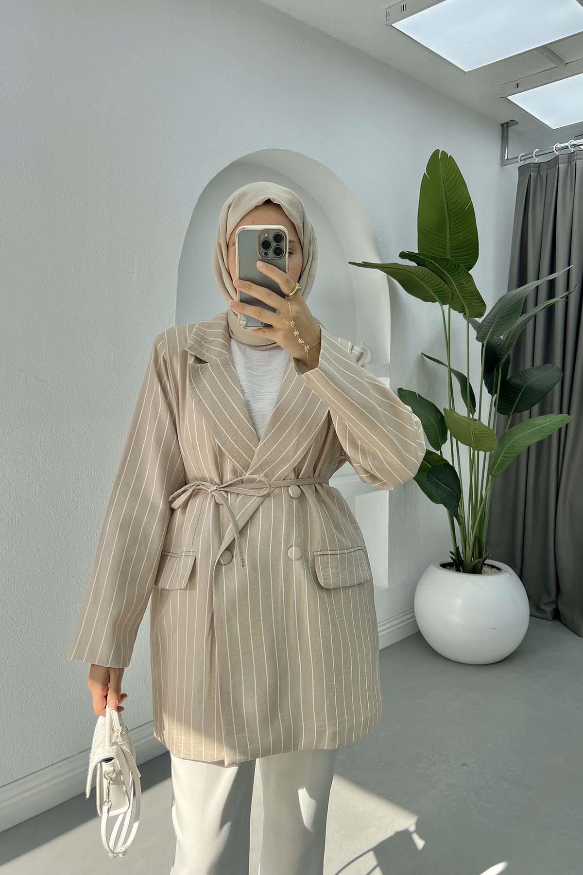 Çizgili Parlak Blazer Ceket Bej