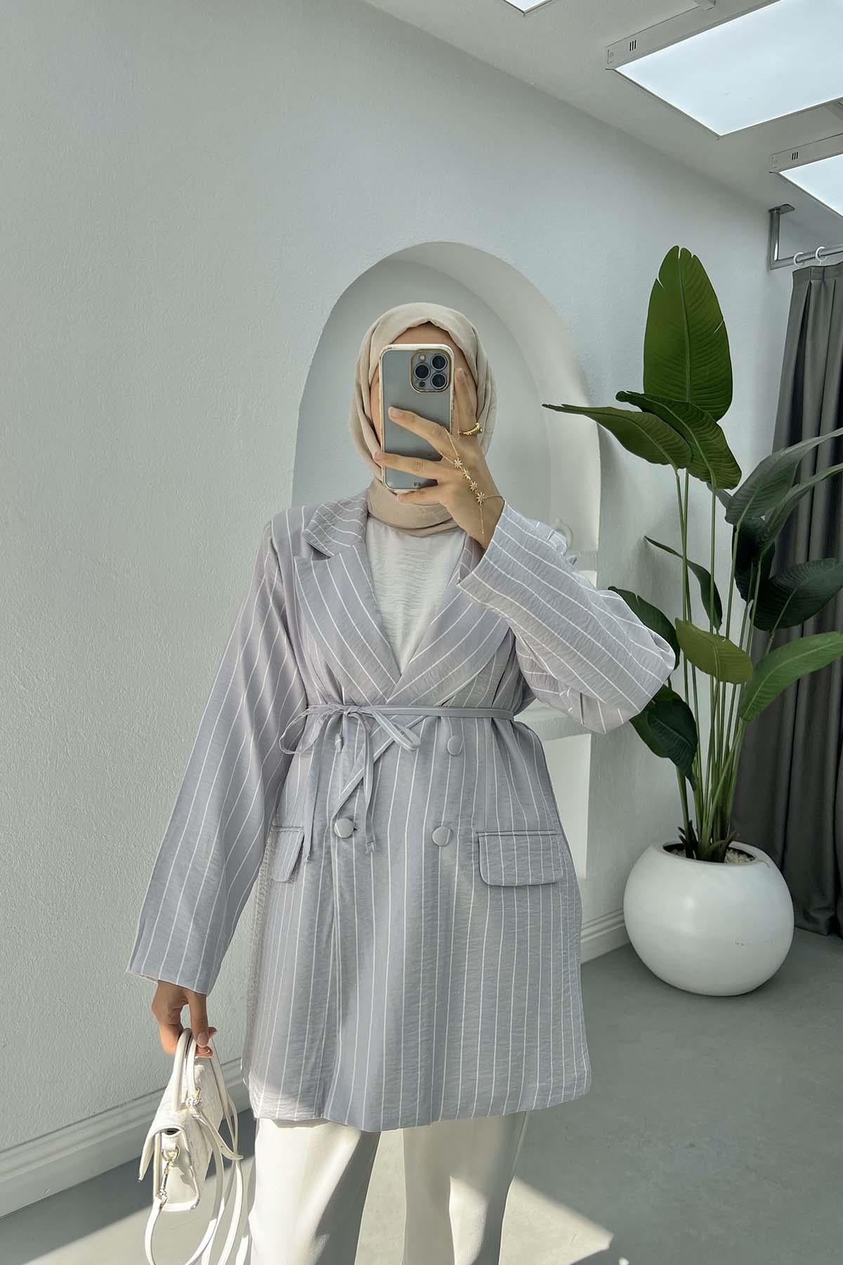 Çizgili Parlak Blazer Ceket Gri