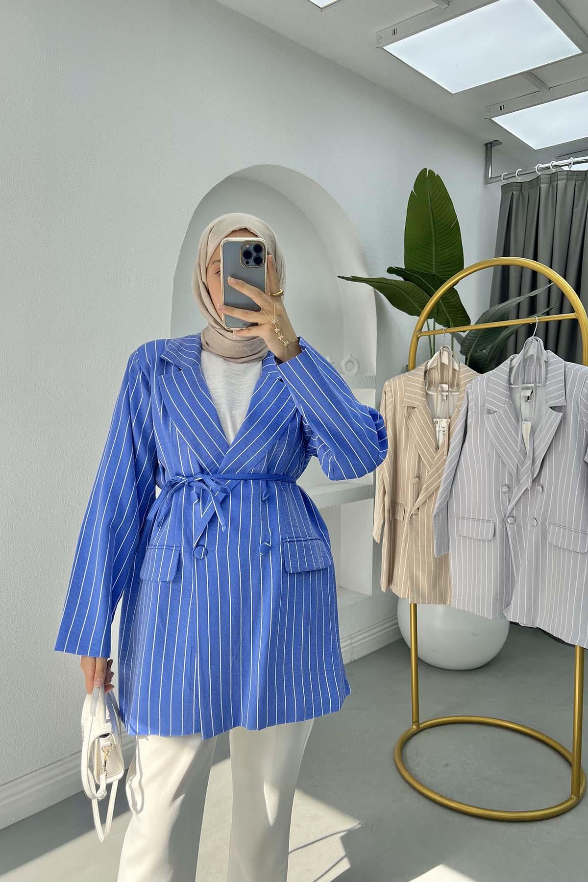 Çizgili Parlak Blazer Ceket Koyu Mavi