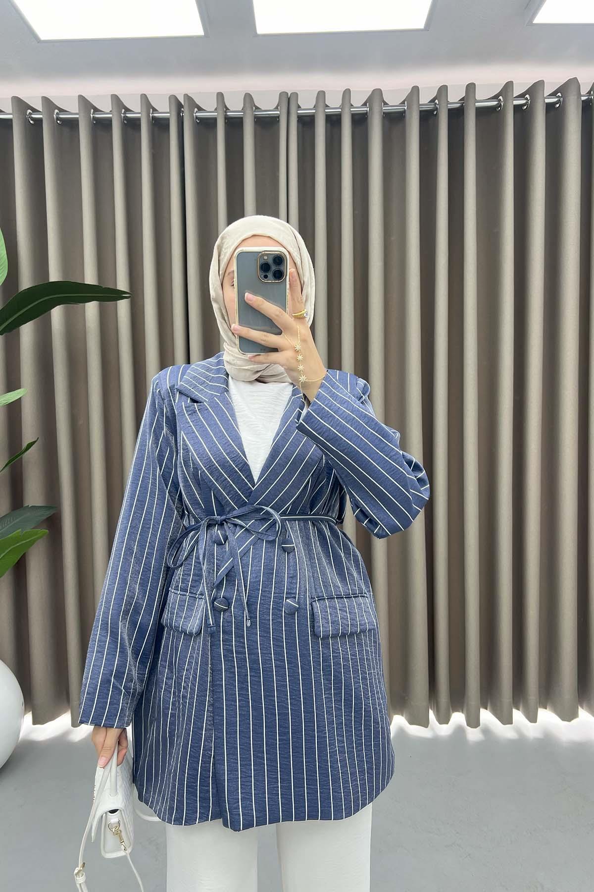 Çizgili Parlak Blazer Ceket Lacivert