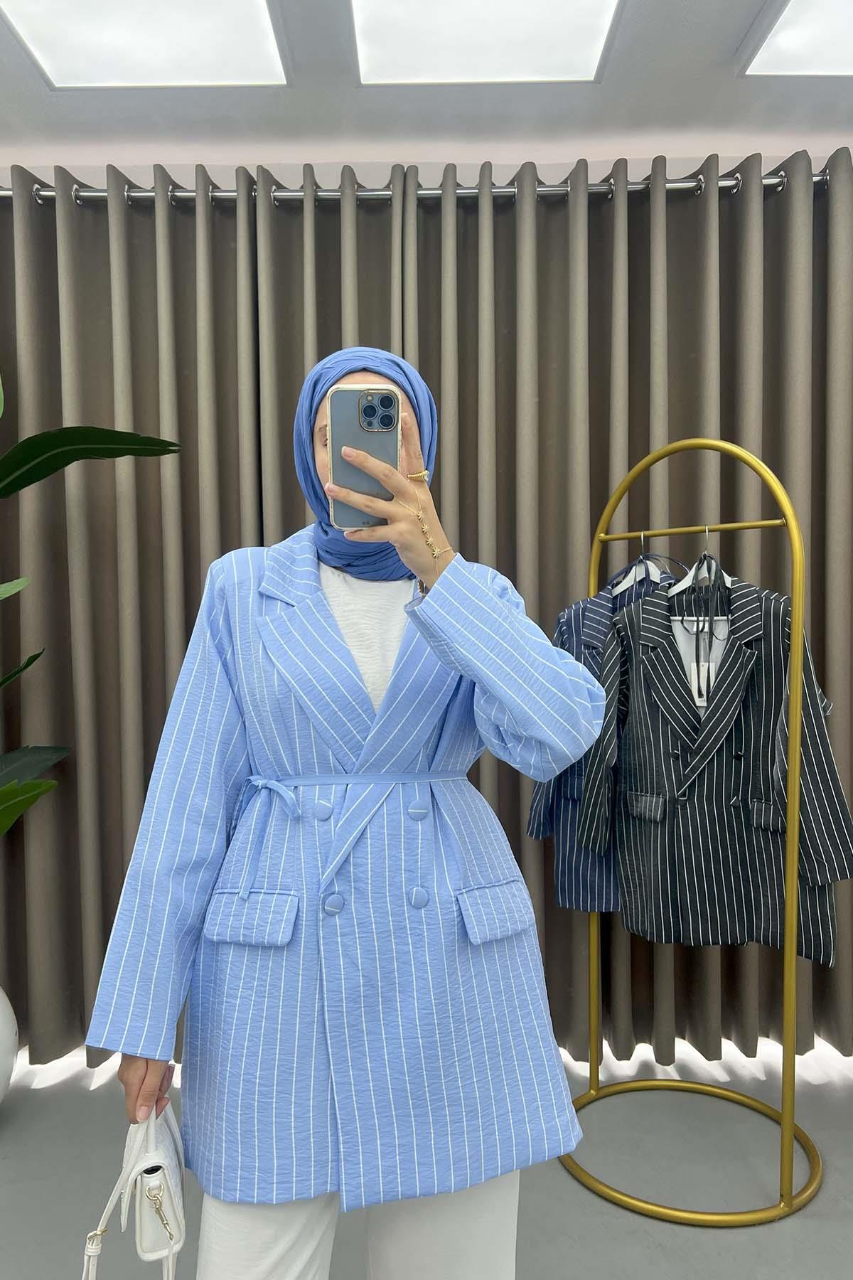 Çizgili Parlak Blazer Ceket Mavi