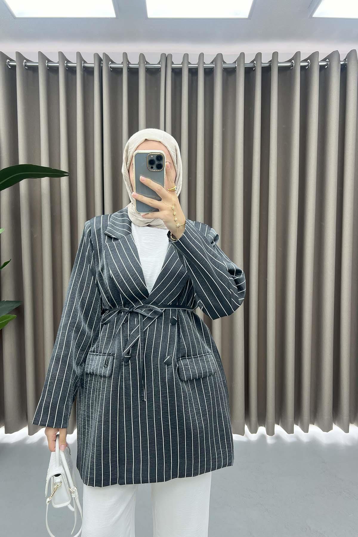 Çizgili Parlak Blazer Ceket Siyah
