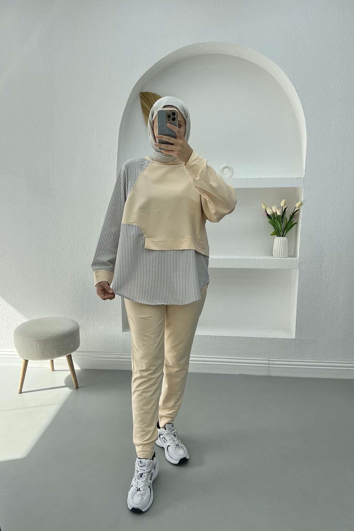 Çizgili Sweat Takım Bej