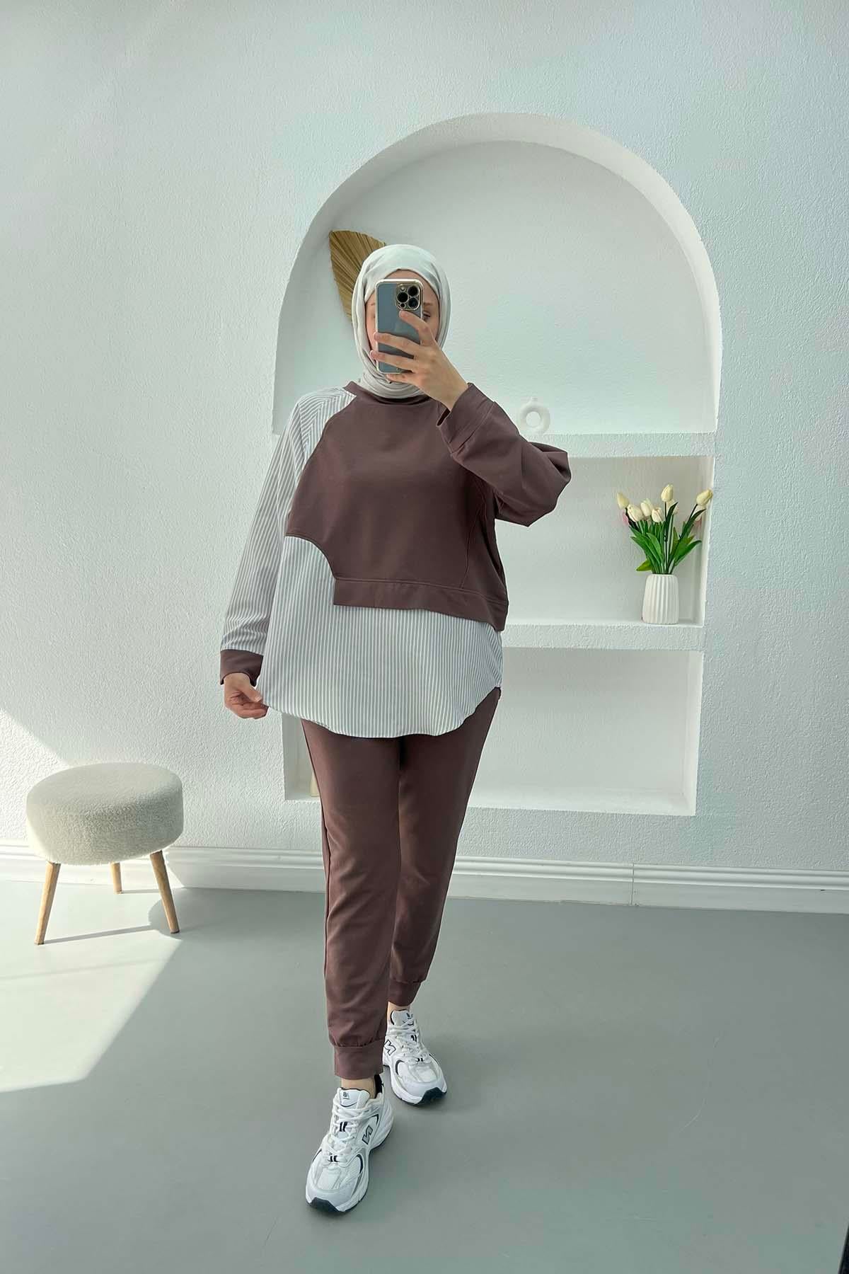 Çizgili Sweat Takım Kahve