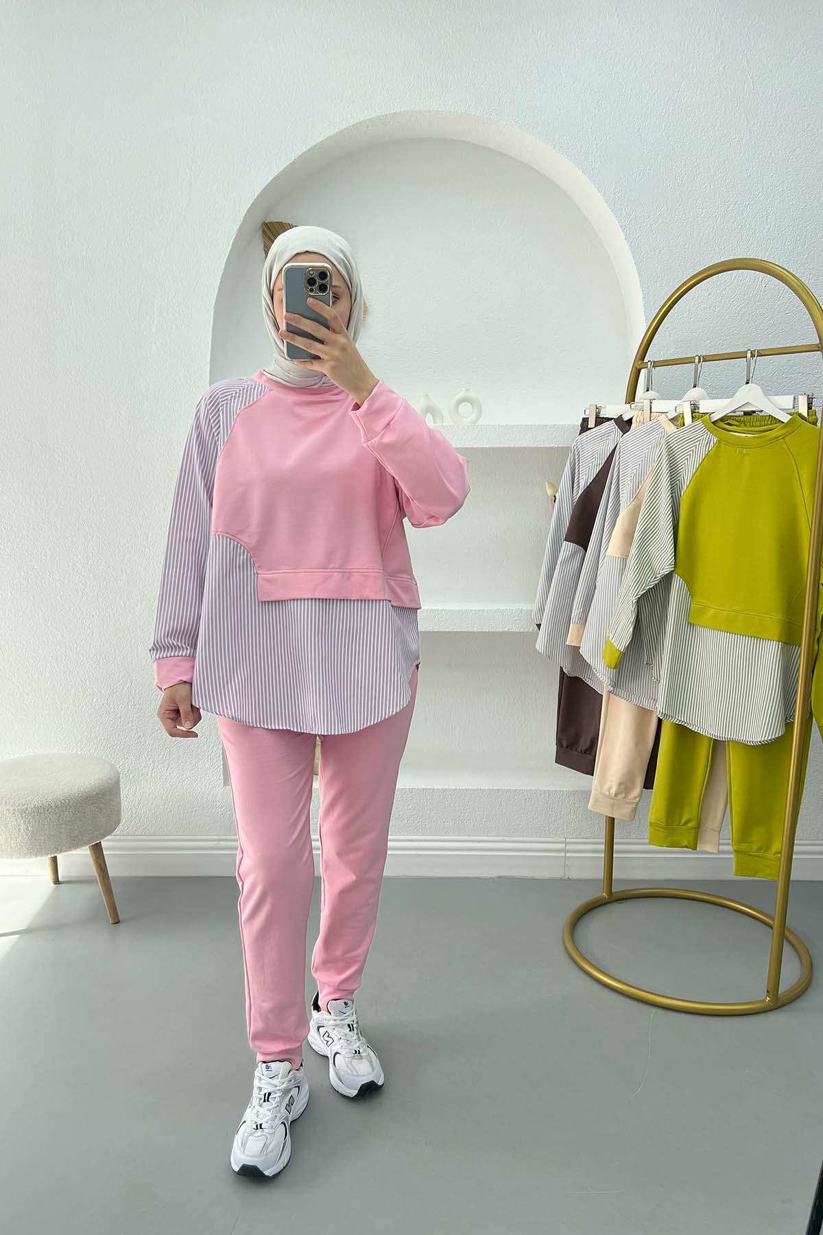 Çizgili Sweat Takım Pembe