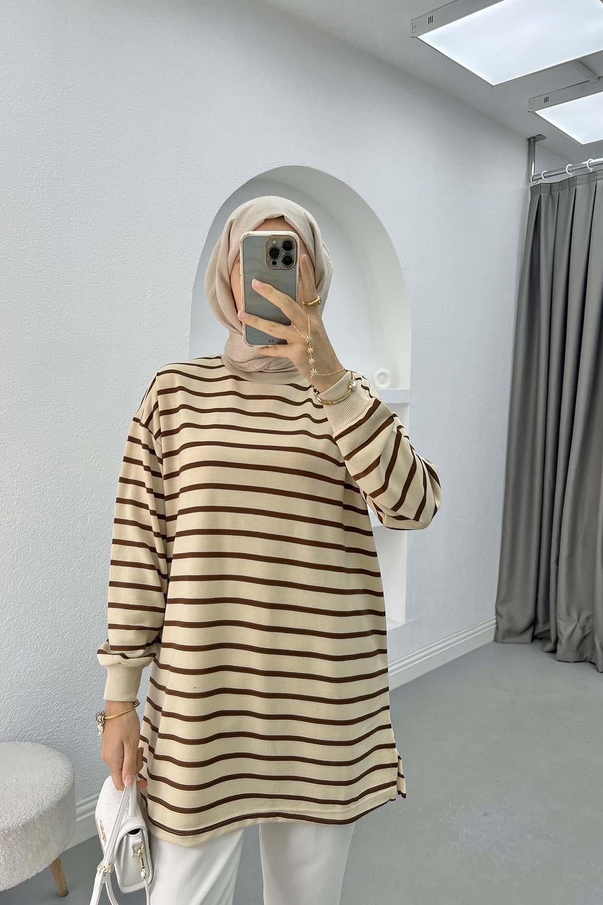 Çizgili Sweatshirt Acı Kahve