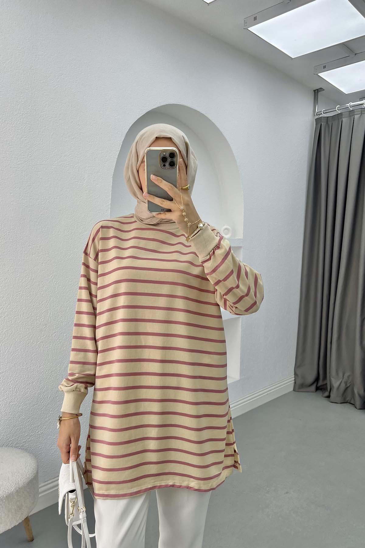 Çizgili Sweatshirt Gül Kurusu