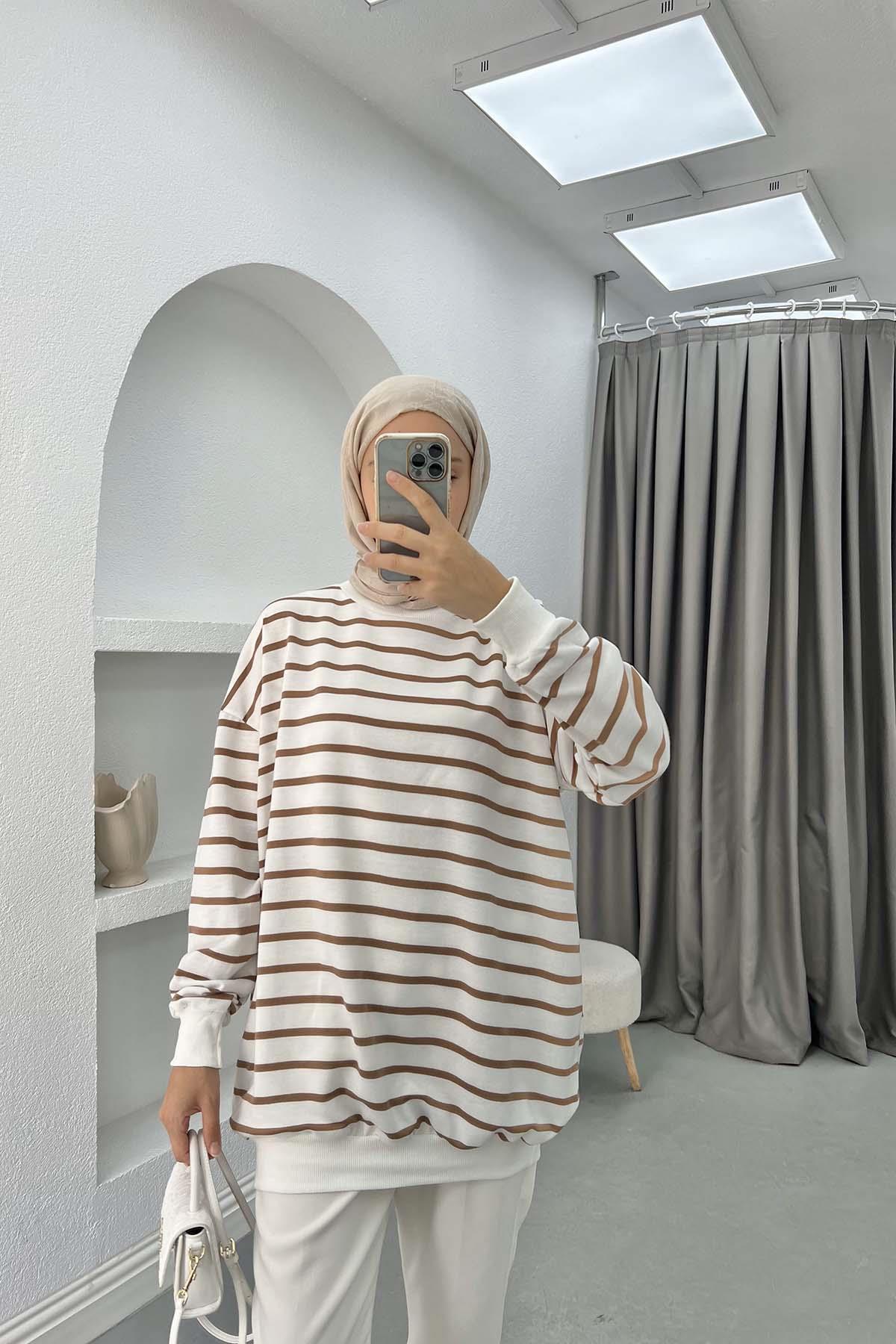 Çizgili Sweatshirt Kahve