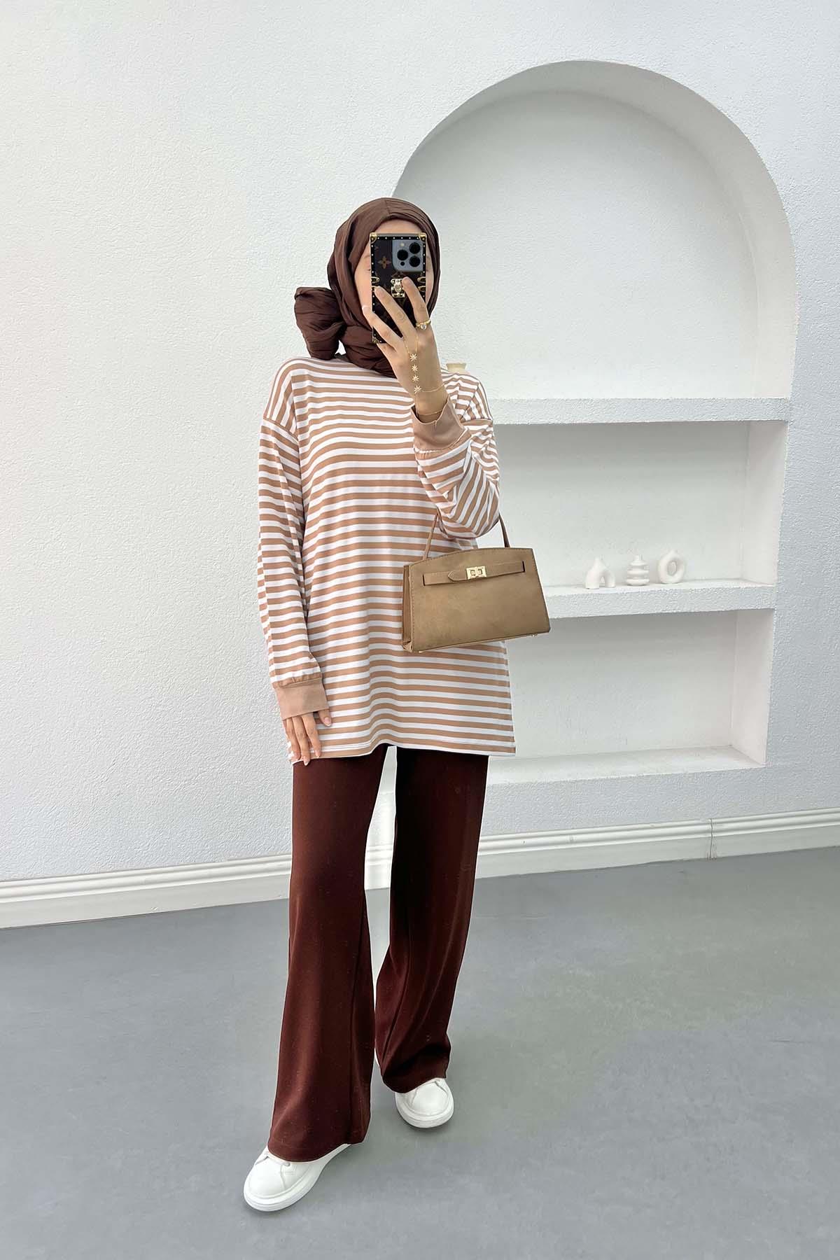 Çizgili Sweatshirt Sütlü Kahve