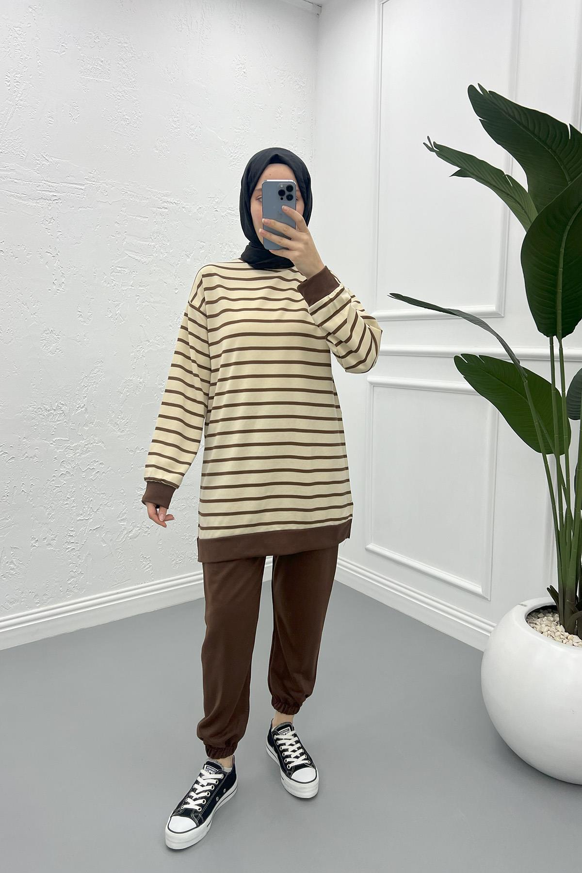 Çizgili Sweatshirt Takım Kahve
