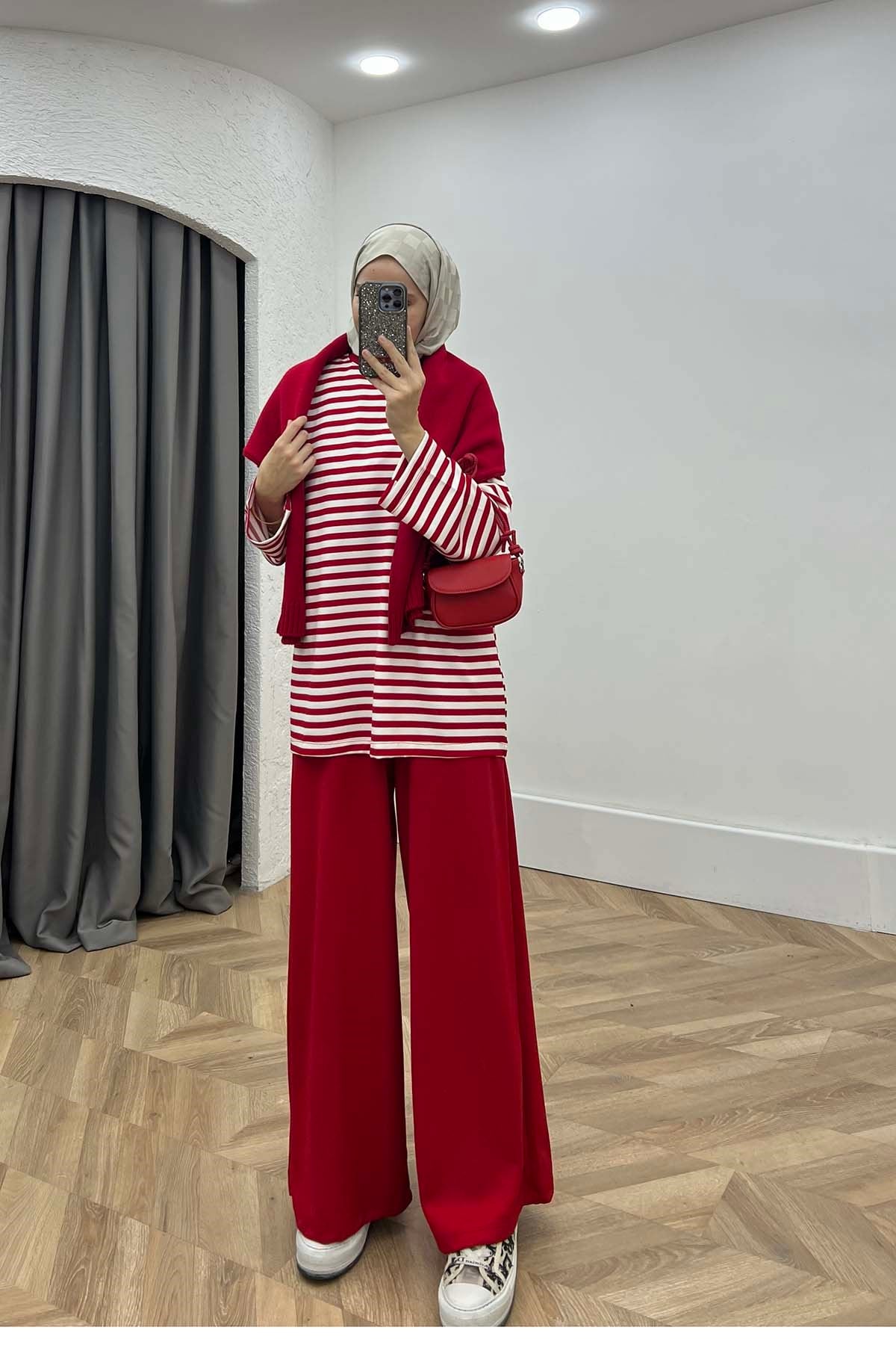Çizgili Sweatshirt Takım Kırmızı