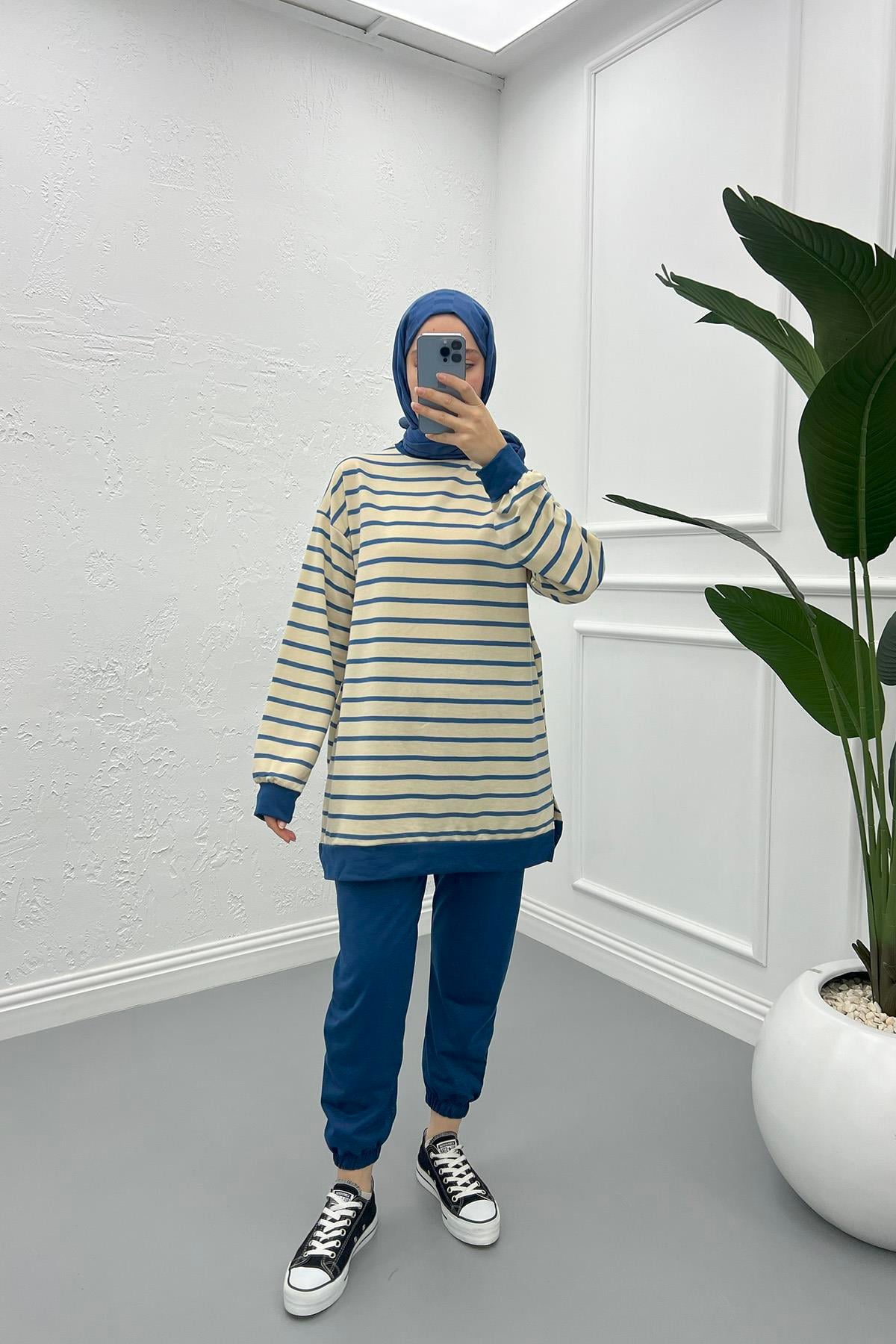 Çizgili Sweatshirt Takım Mavi