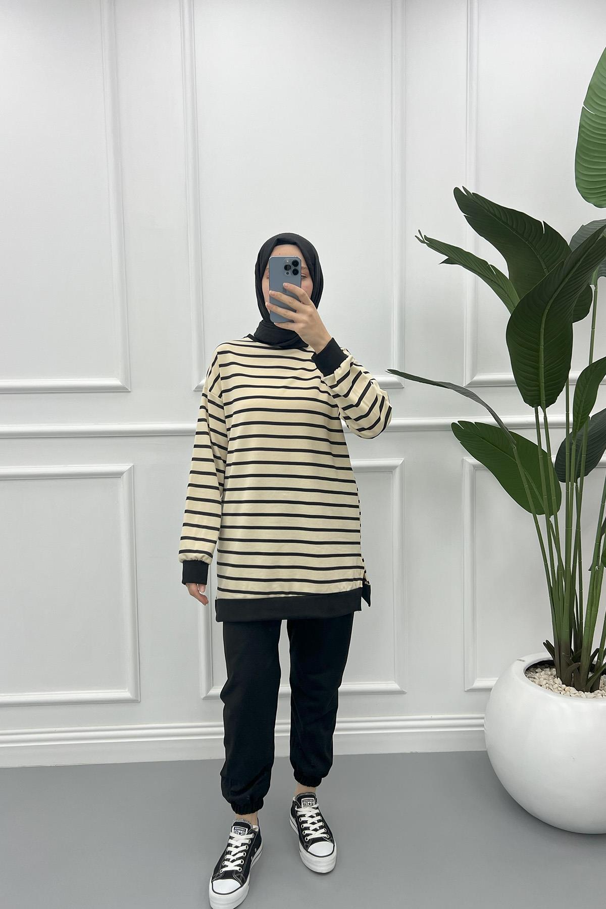 Çizgili Sweatshirt Takım Siyah