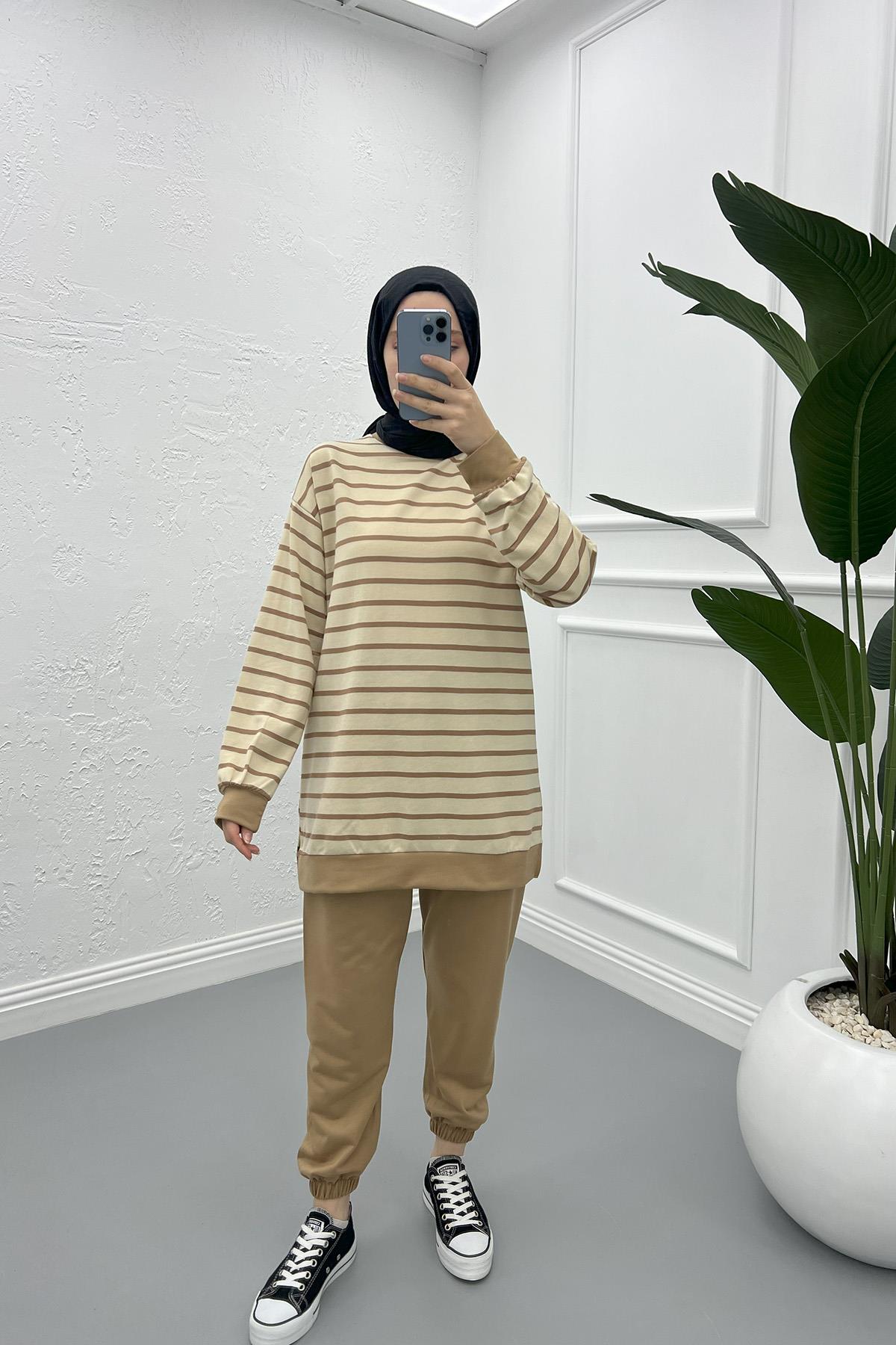 Çizgili Sweatshirt Takım Sütlü Kahve