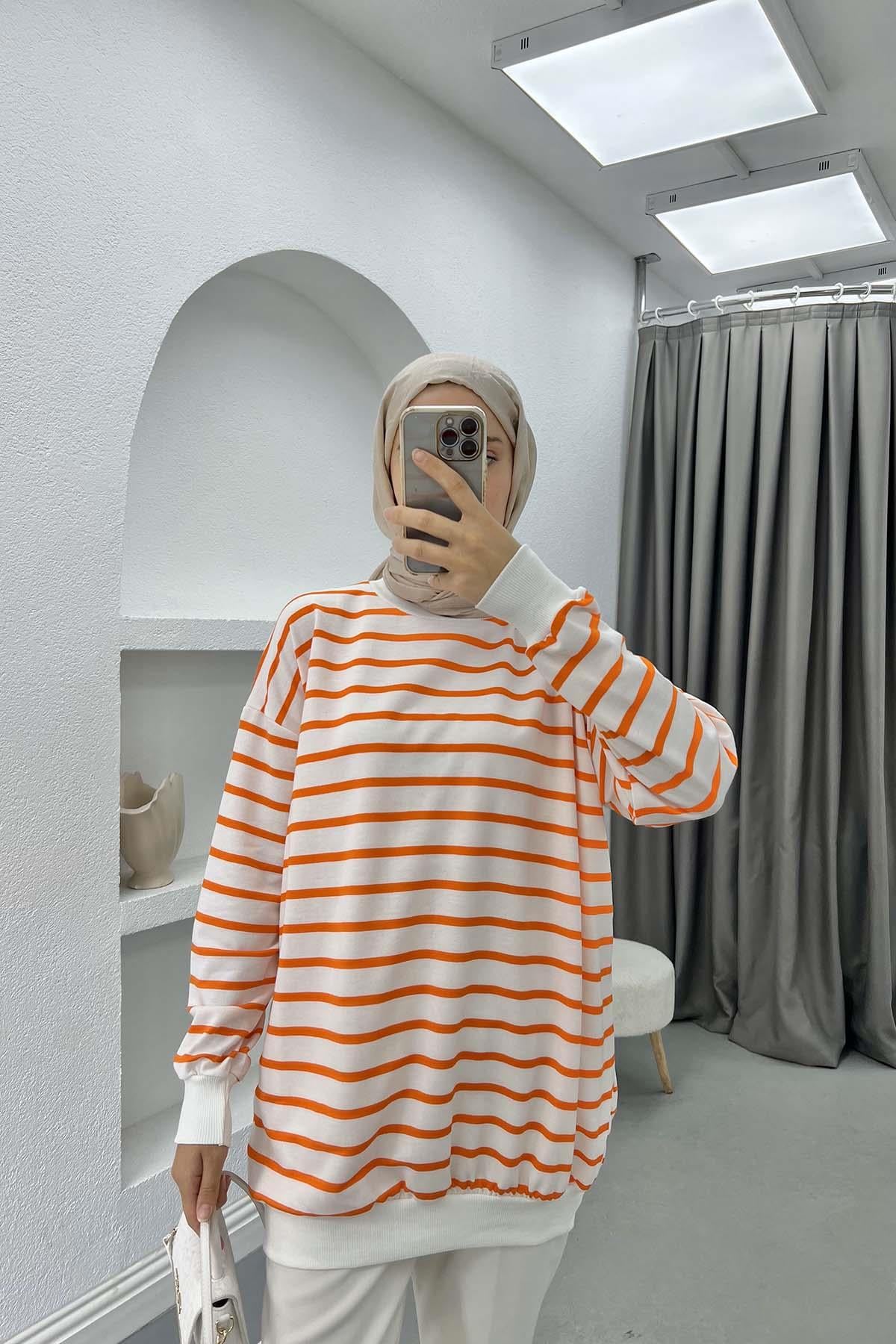 Çizgili Sweatshirt Turuncu