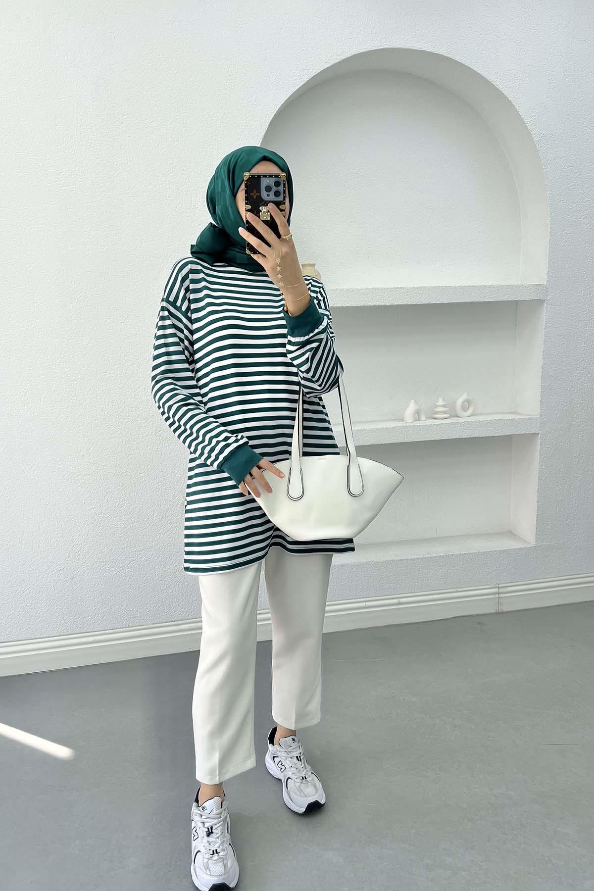 Çizgili Sweatshirt Zümrüt Yeşili