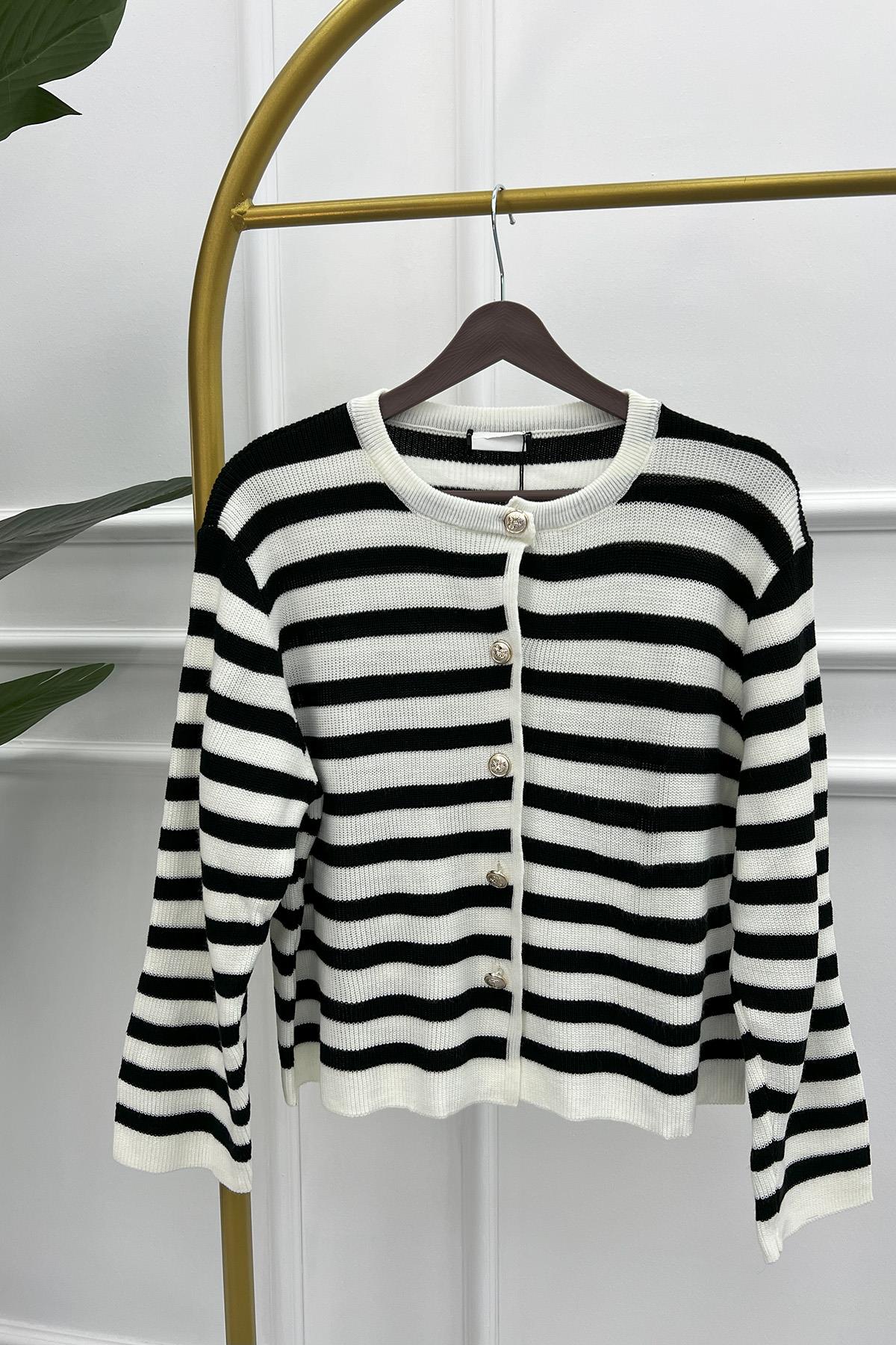 Çizgili Triko Hırka Siyah