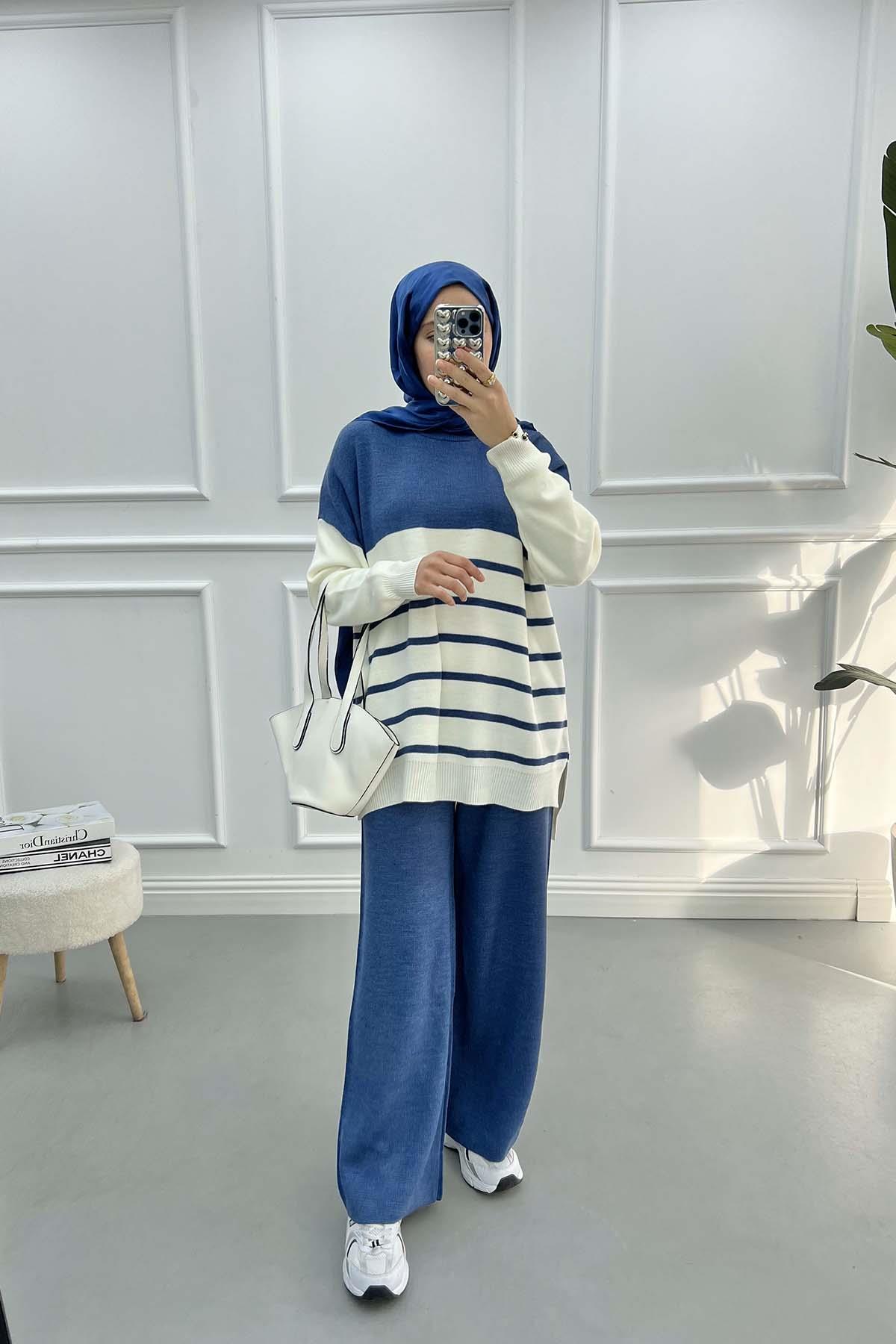 Çizgili Triko Takım İndigo