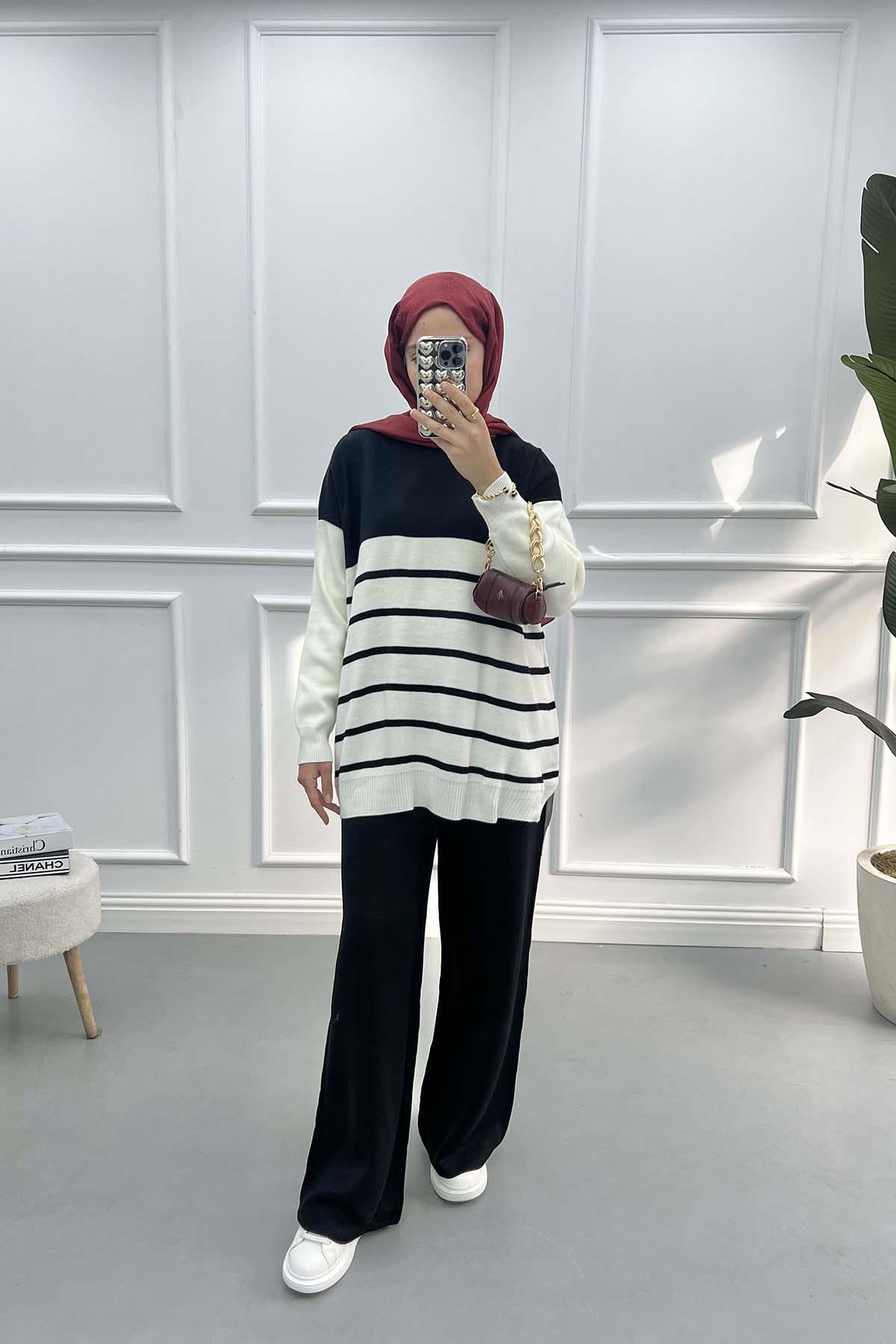 Çizgili Triko Takım Siyah