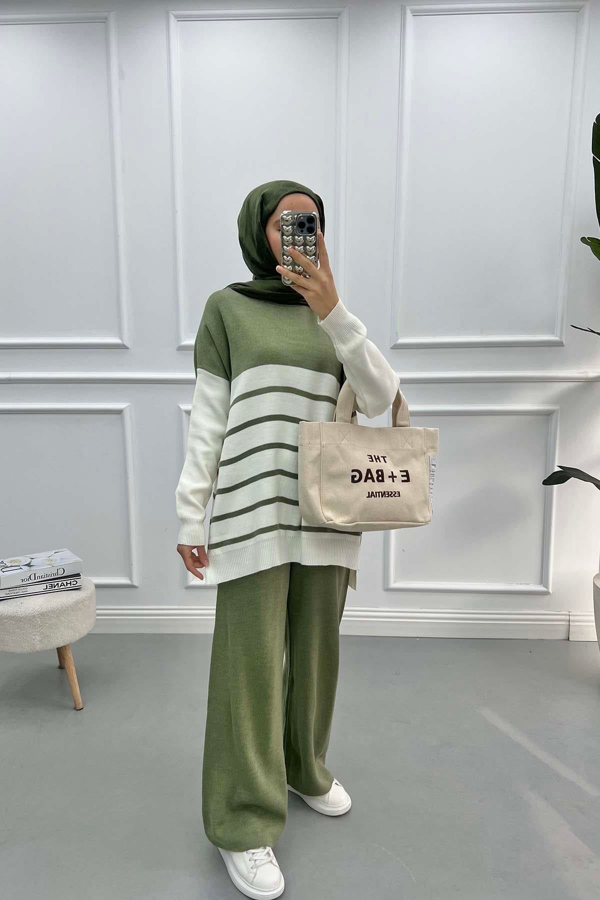 Çizgili Triko Takım Soft Yeşil