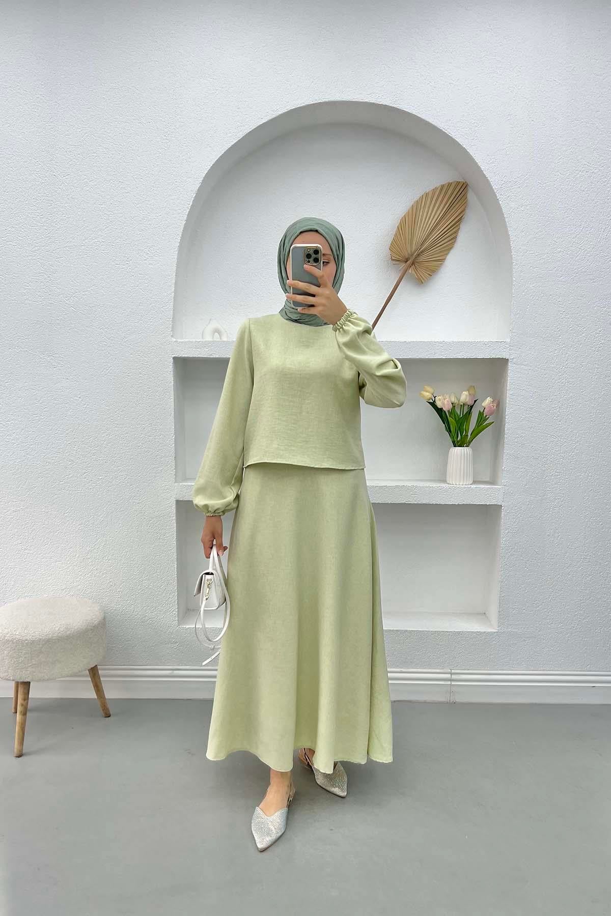Crop Bluz Etek Takım Mint Yeşili