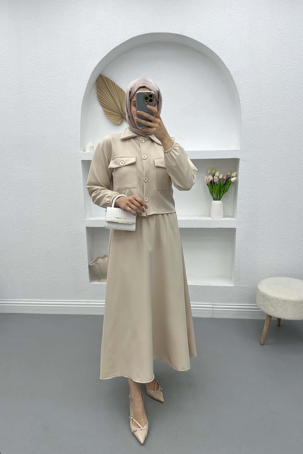 Crop Etek Takım Bej