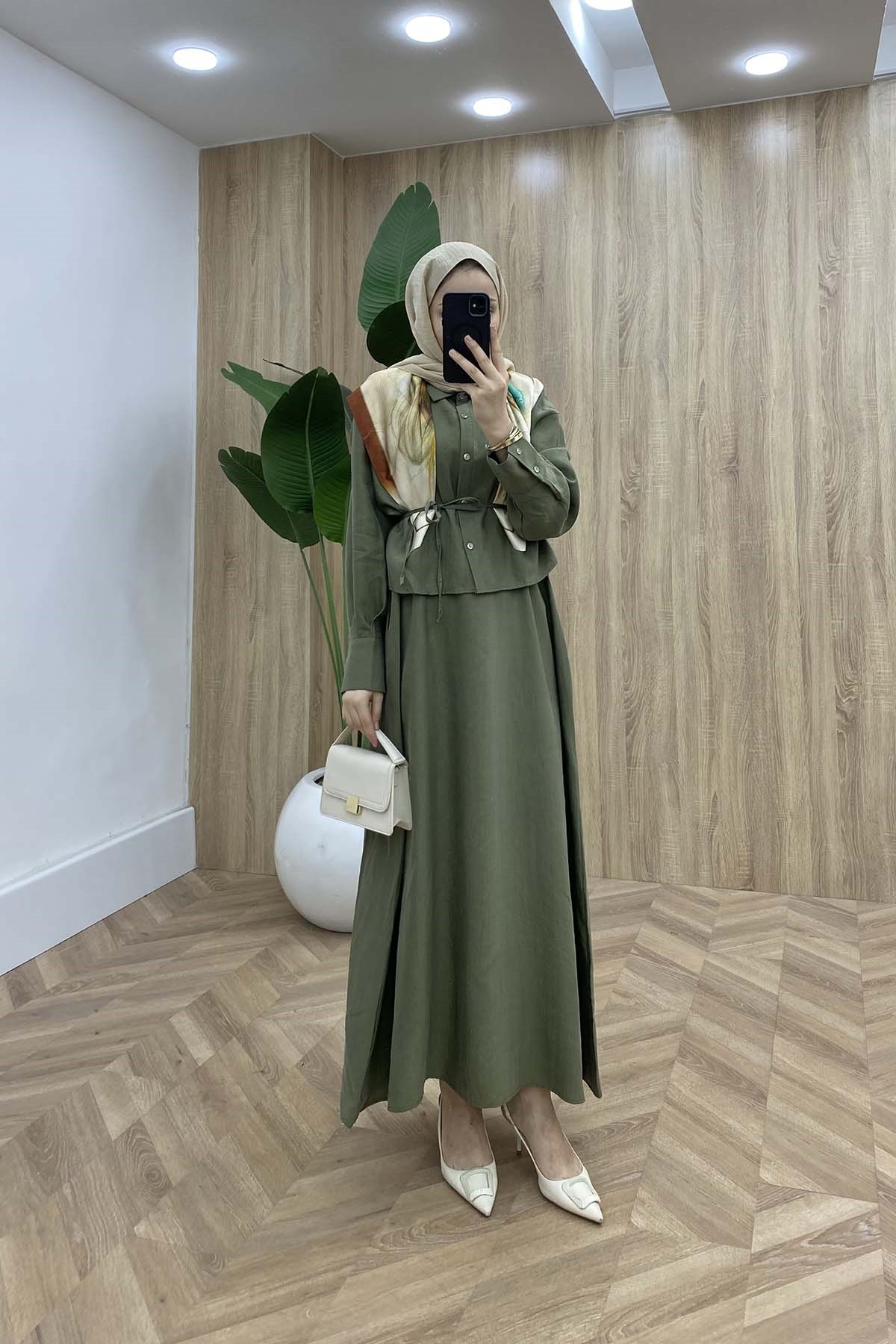 Crop Gömlekli Kemerli Jile Elbise Haki