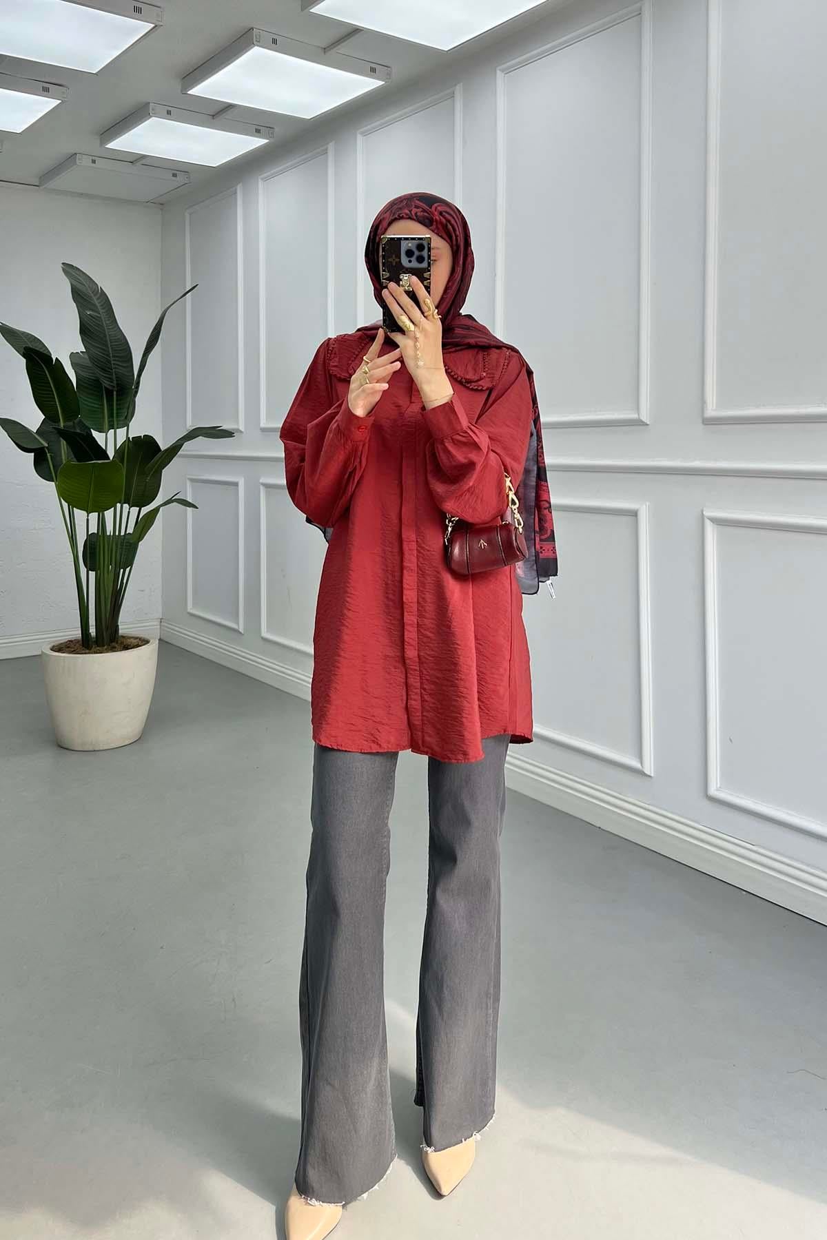 Dantel Detaylı Bebe Yaka Gömlek Bordo