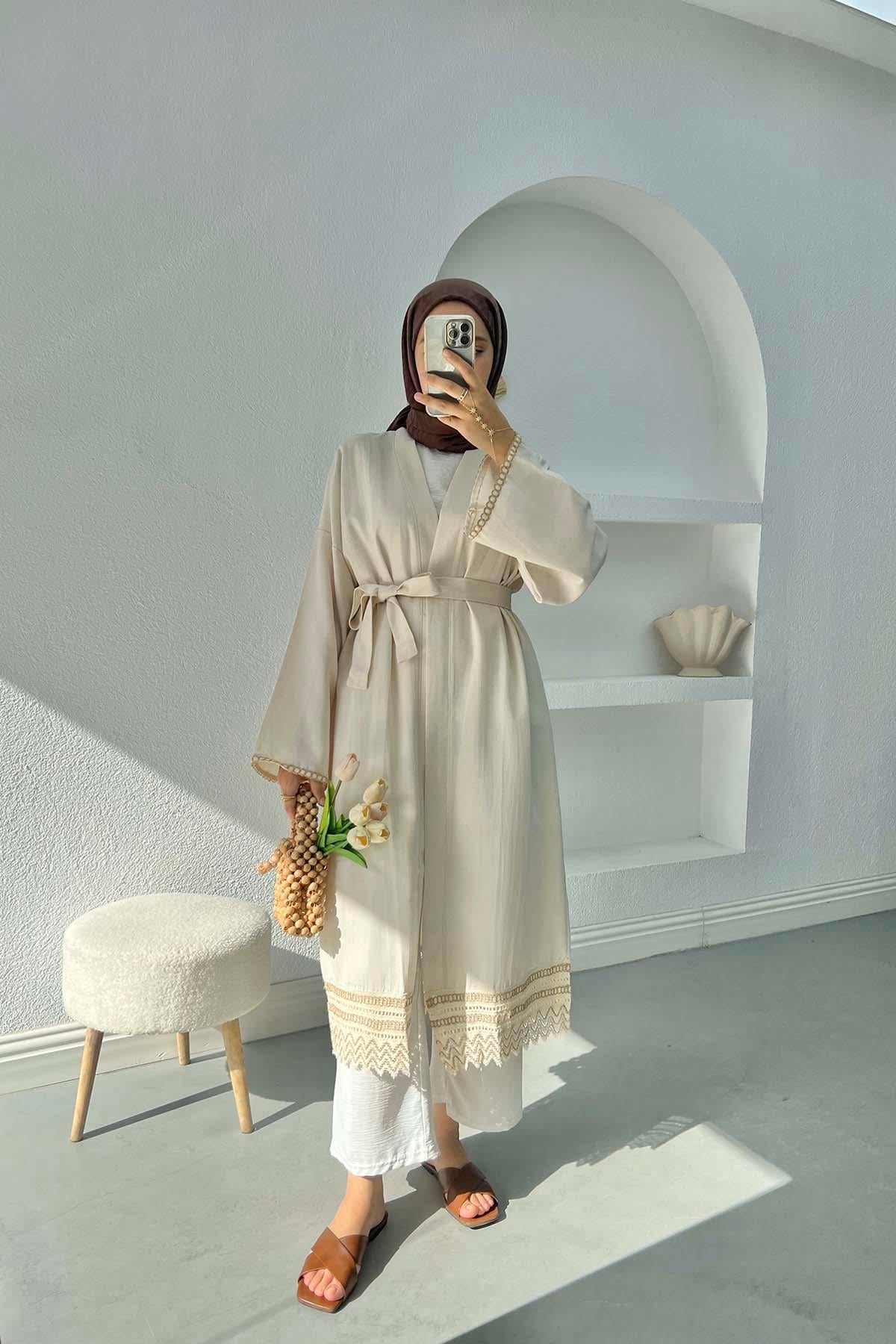 Dantel Detaylı Keten Kimono Taş