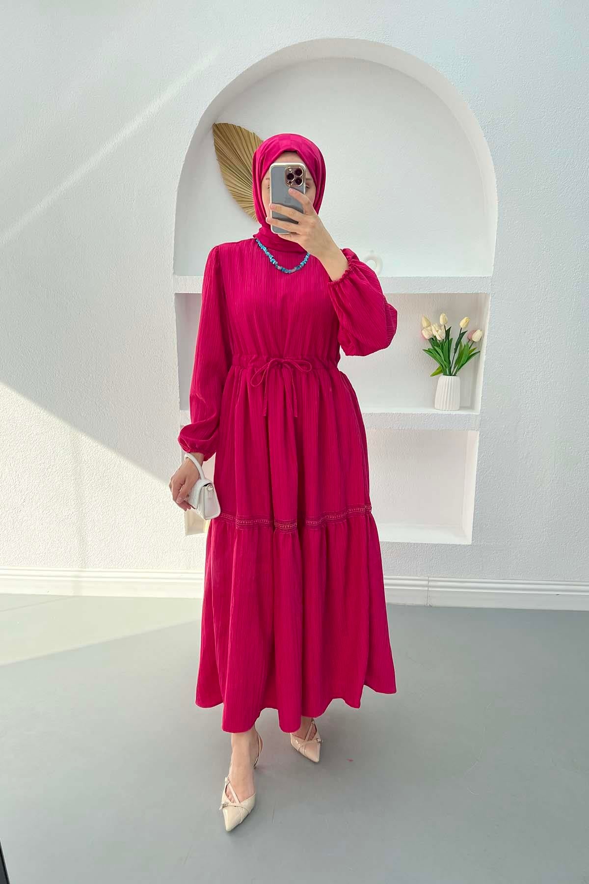 Dantel İşlemeli Elbise Fuşya