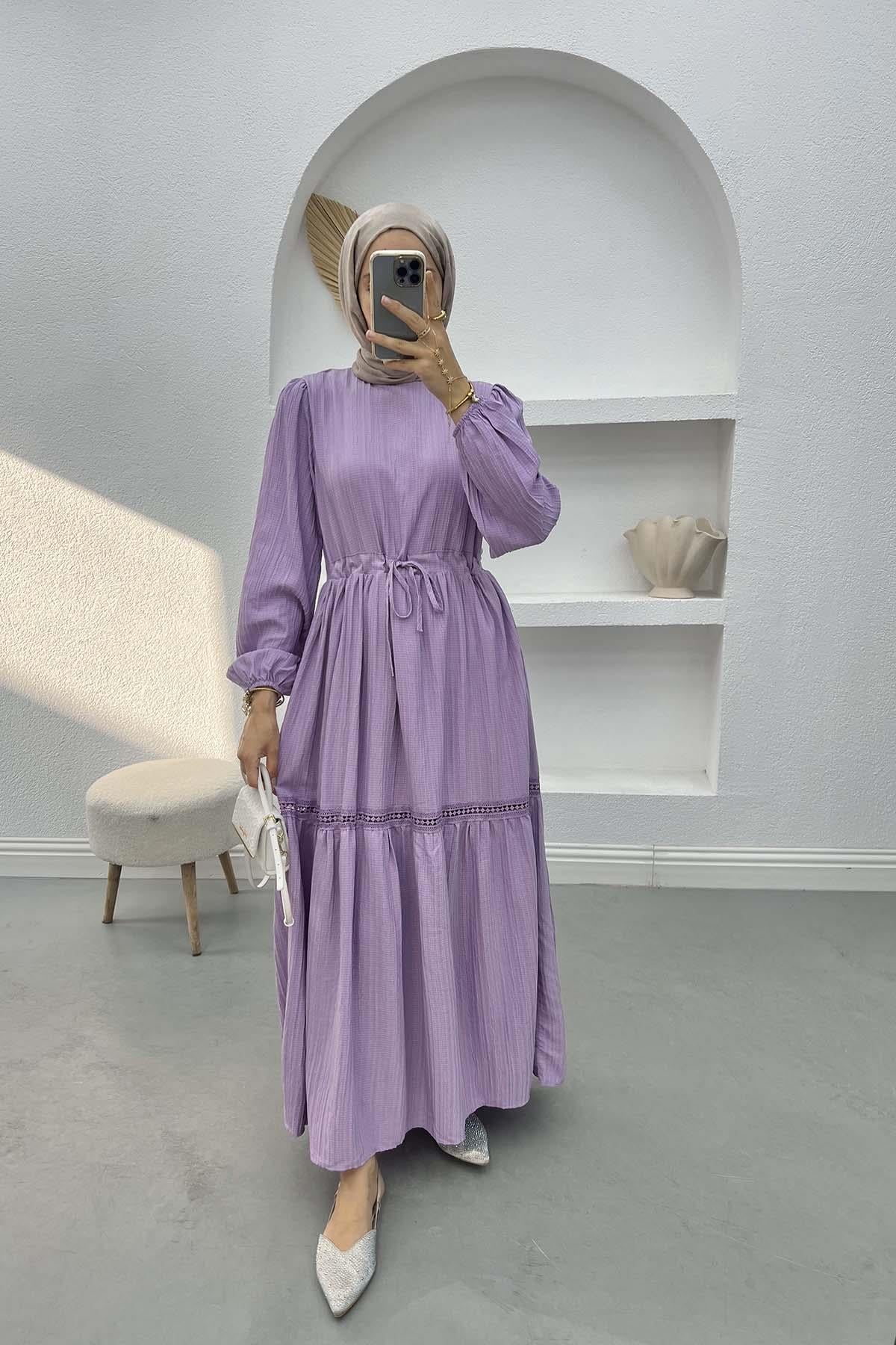 Dantel İşlemeli Elbise Lila