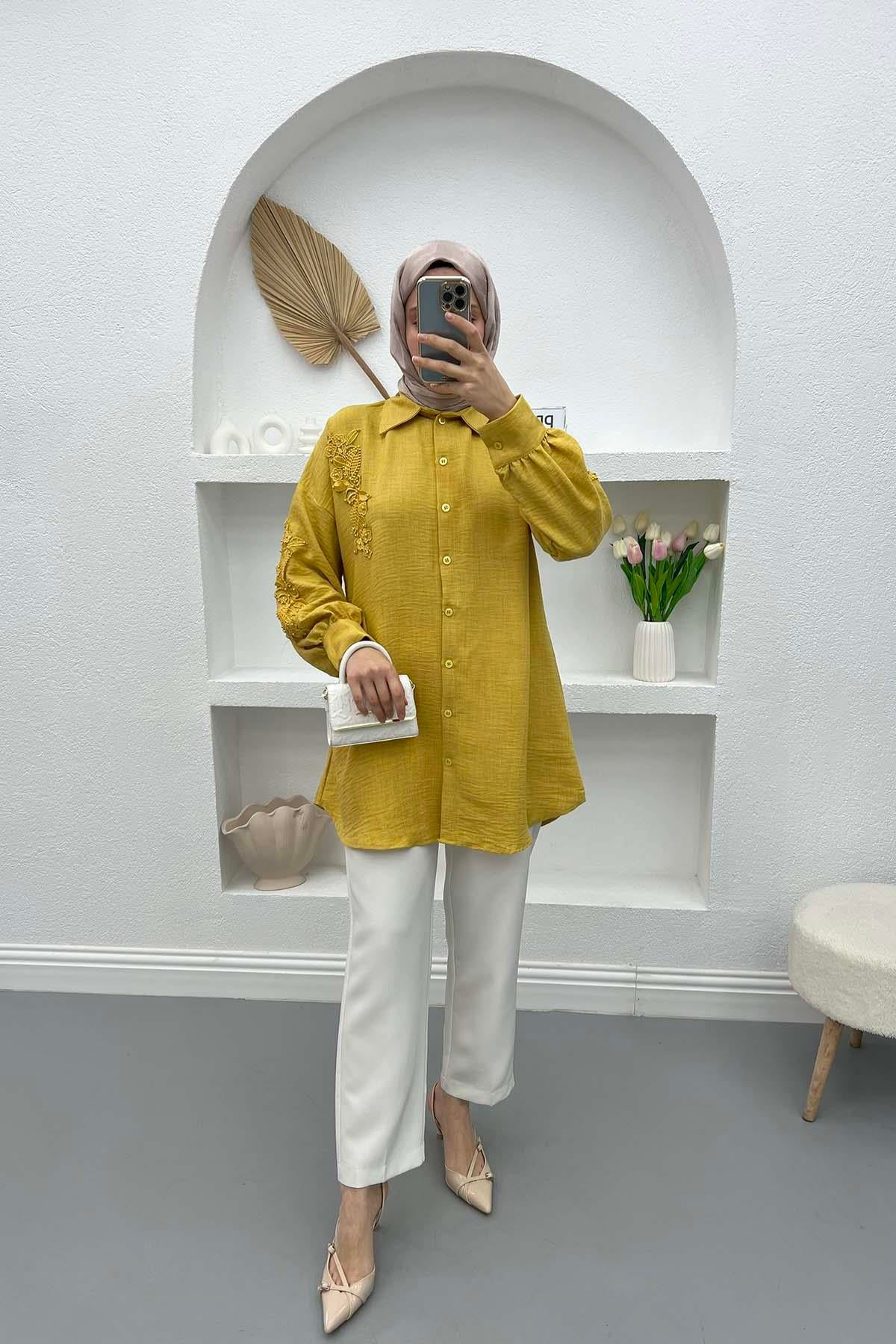 Dantel İşlemeli Gömlek Sarı