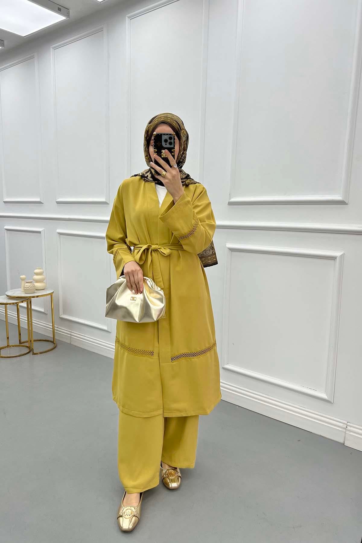 Dantel Şerit Detaylı Kimono Takım Hardal