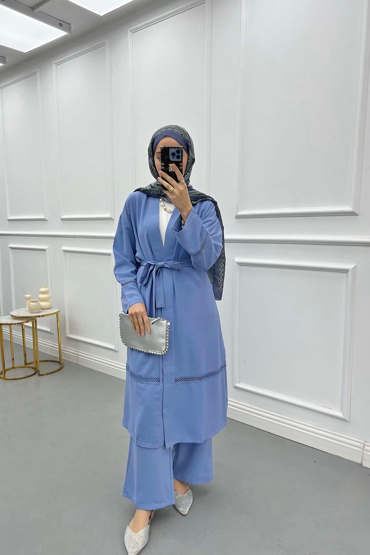 Dantel Şerit Detaylı Kimono Takım İndigo