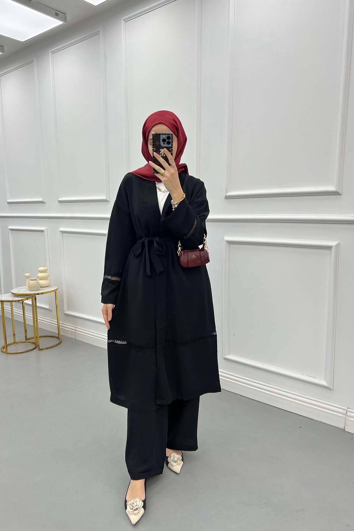 Dantel Şerit Detaylı Kimono Takım Siyah