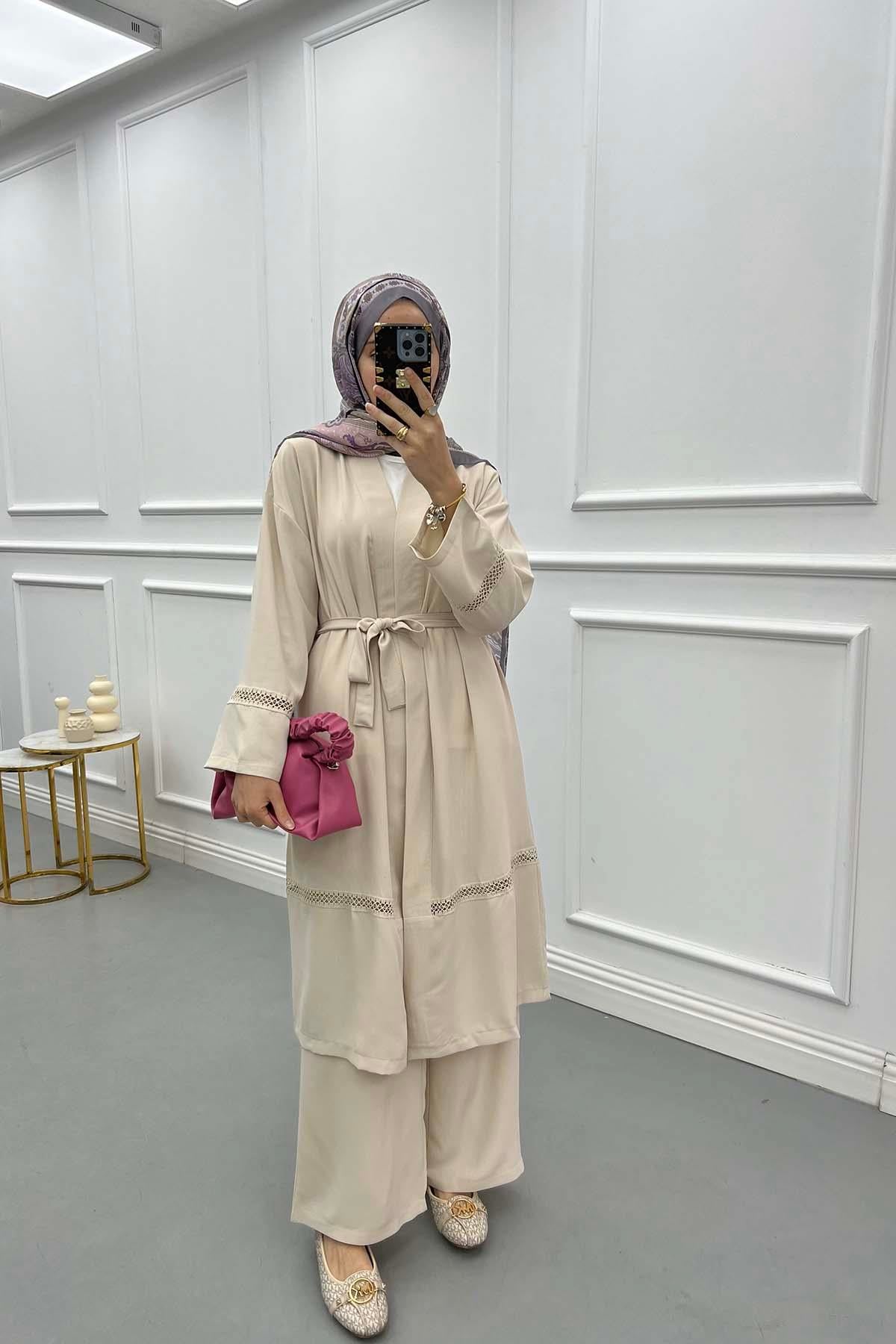 Dantel Şerit Detaylı Kimono Takım Taş