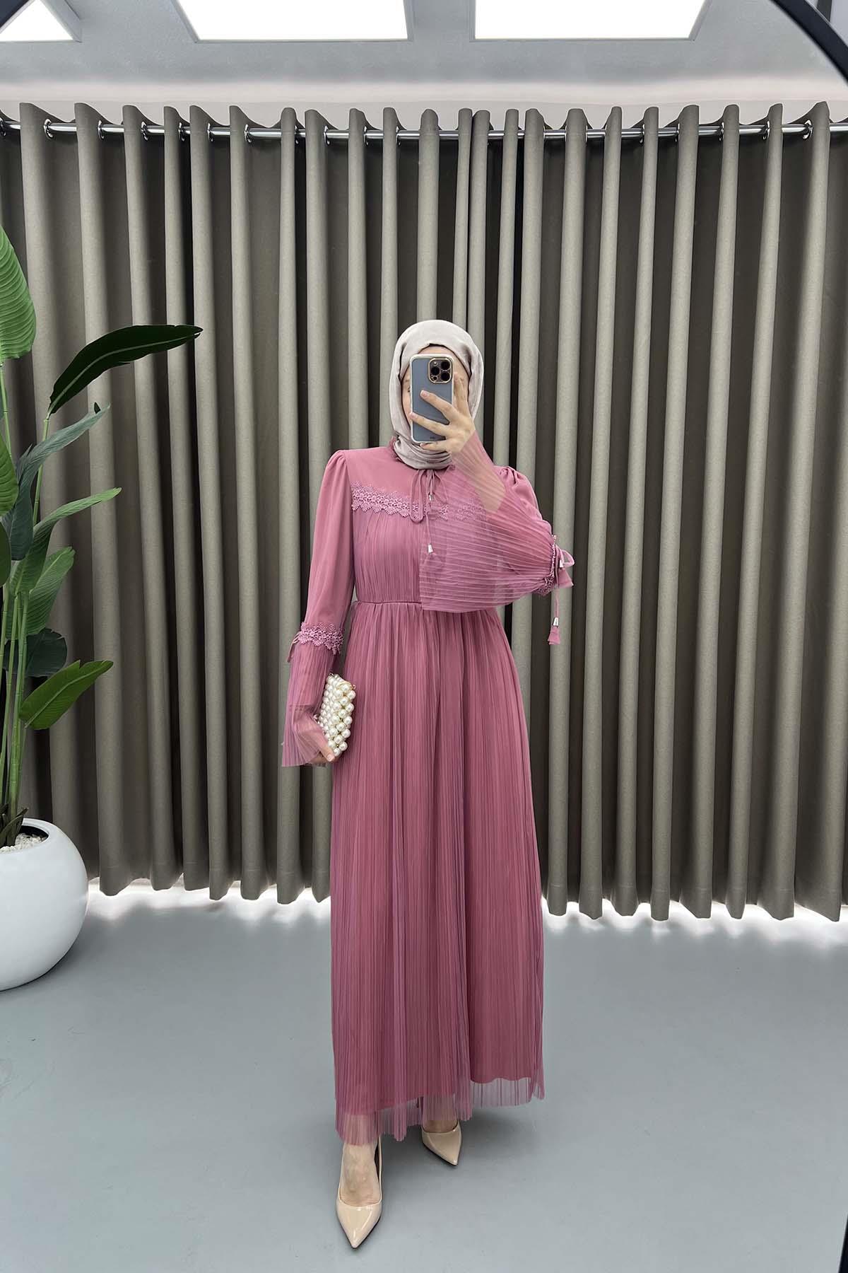 Dantelli Tül Elbise Pembe