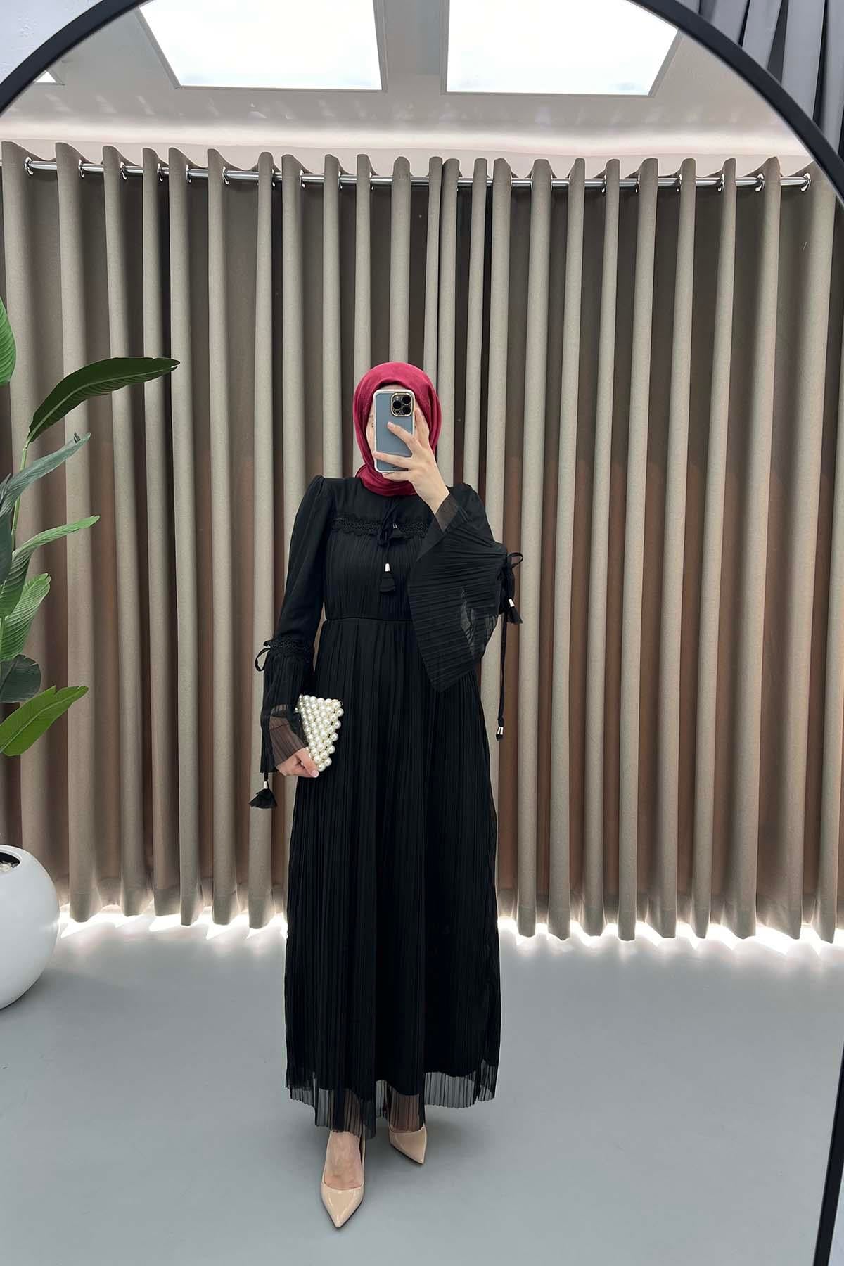 Dantelli Tül Elbise Siyah