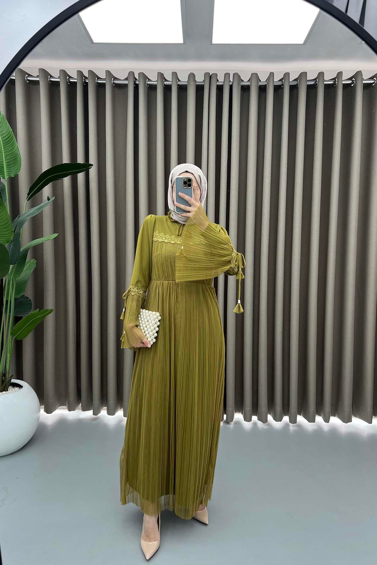 Dantelli Tül Elbise Yağ Yeşili